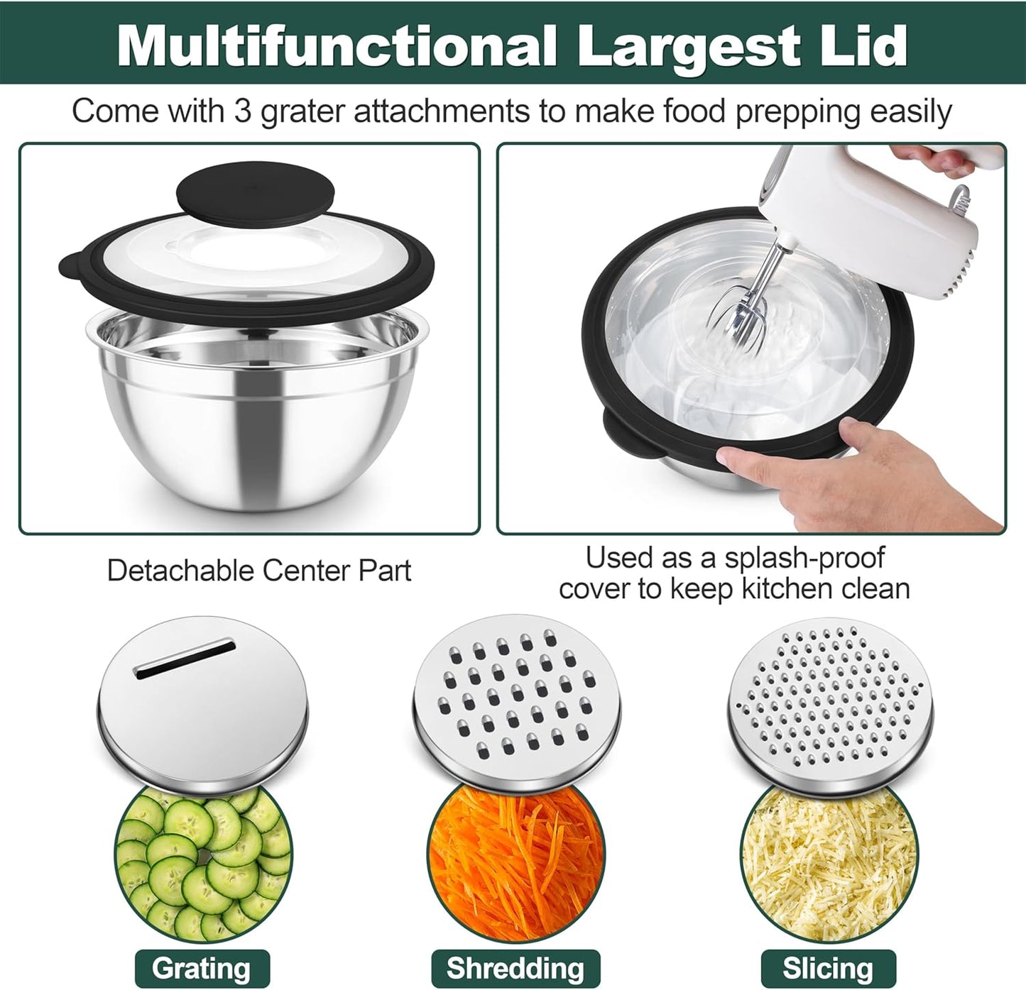 TeamFar Mixing Bowls, Stainless Steel Salad Serving Bowl with Clear Lids & 3 Graters, For Kitchen Cooking Prepping Storing, Size 4.6/2.6/1.5/1/0.7 QT, Nesting & Airtight, Set of 5 & Black
