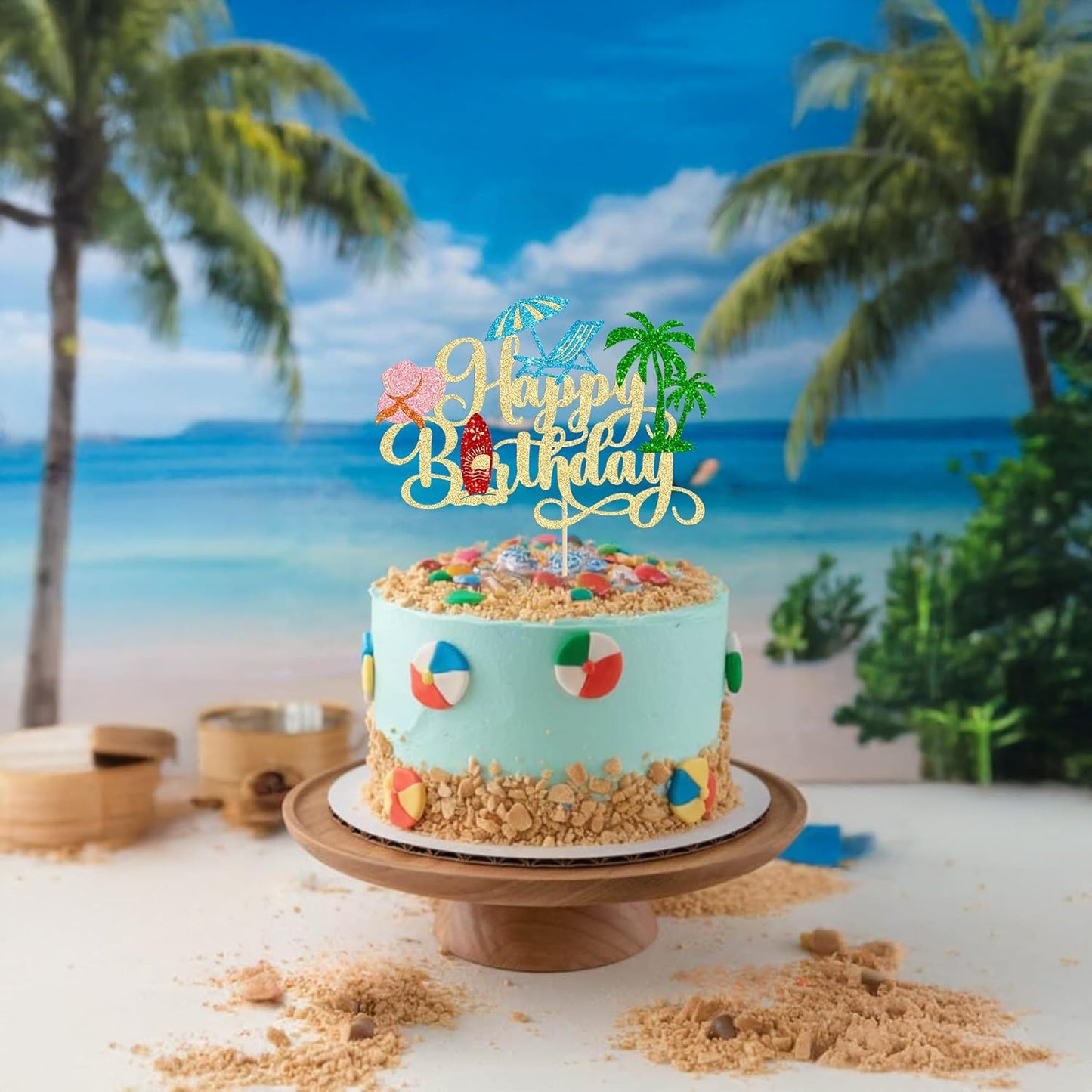 Gyufise 1Pcs Summer Beach Happy Birthday Cake Topper Glitter Ball Tree Umbrella Pool Cake Pick for Hawaiian Holiday Baby Shower Birthday Party Cake Decorations Supplies Gold