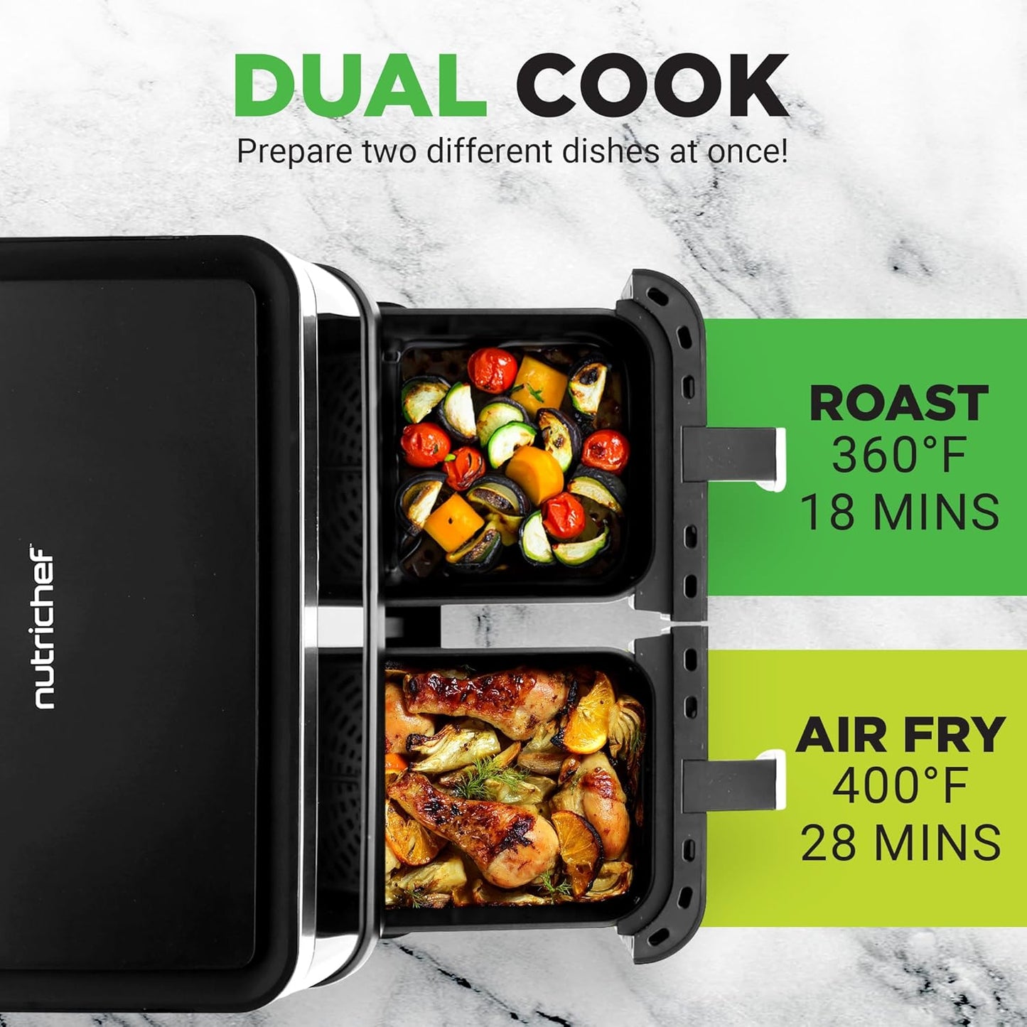 Nutrichef Double Basket Air Fryer 8.8 QT | Family Size Oil Free Airfryer with Transparent Window | 9-1 Preset Cooking Options | 360° Hot Air Circulation Technology | 4.4 QTs per Basket | Black