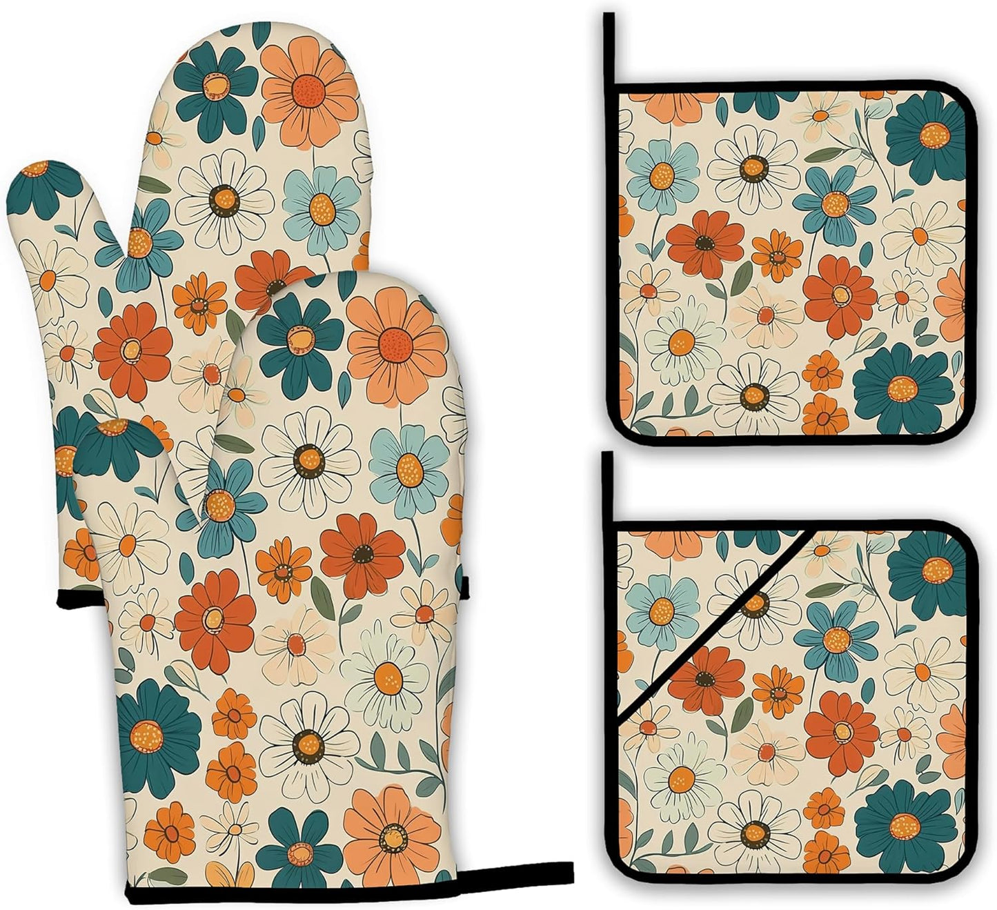 Vintage Floral Oven Mitts and Pot Holders,Groovy Flower Heat Resistant Oven Mitts Gloves and Pot Holder for Home Kitchen Decorations Cooking Baking BBQ Gifts,Set of 4
