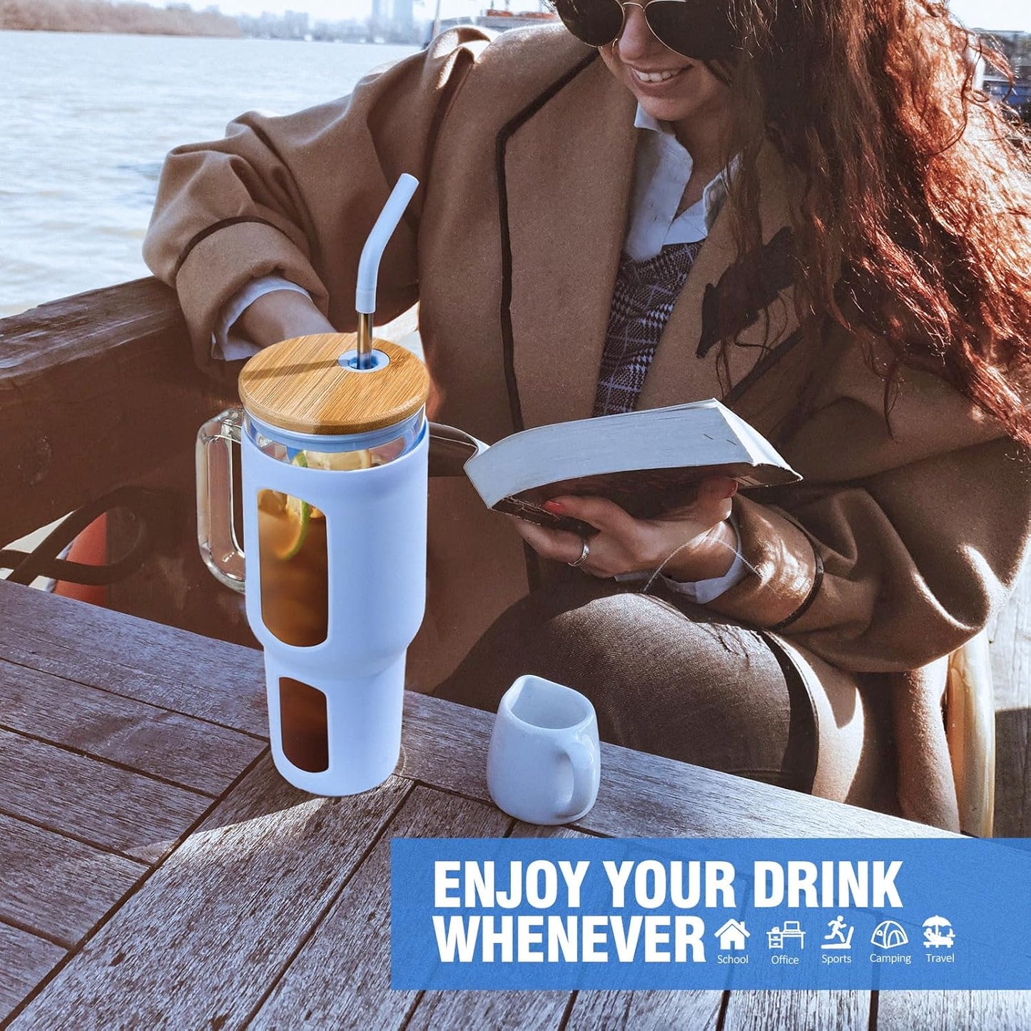 Glass Tumbler with Lid and Straw, 46 oz Iced Coffee Cup with Handle, Large Water Bottles with Silicone Sleeve, Glass Cup with Straws - Pearl Straw & Drinking Straw BPA Free-Glacier