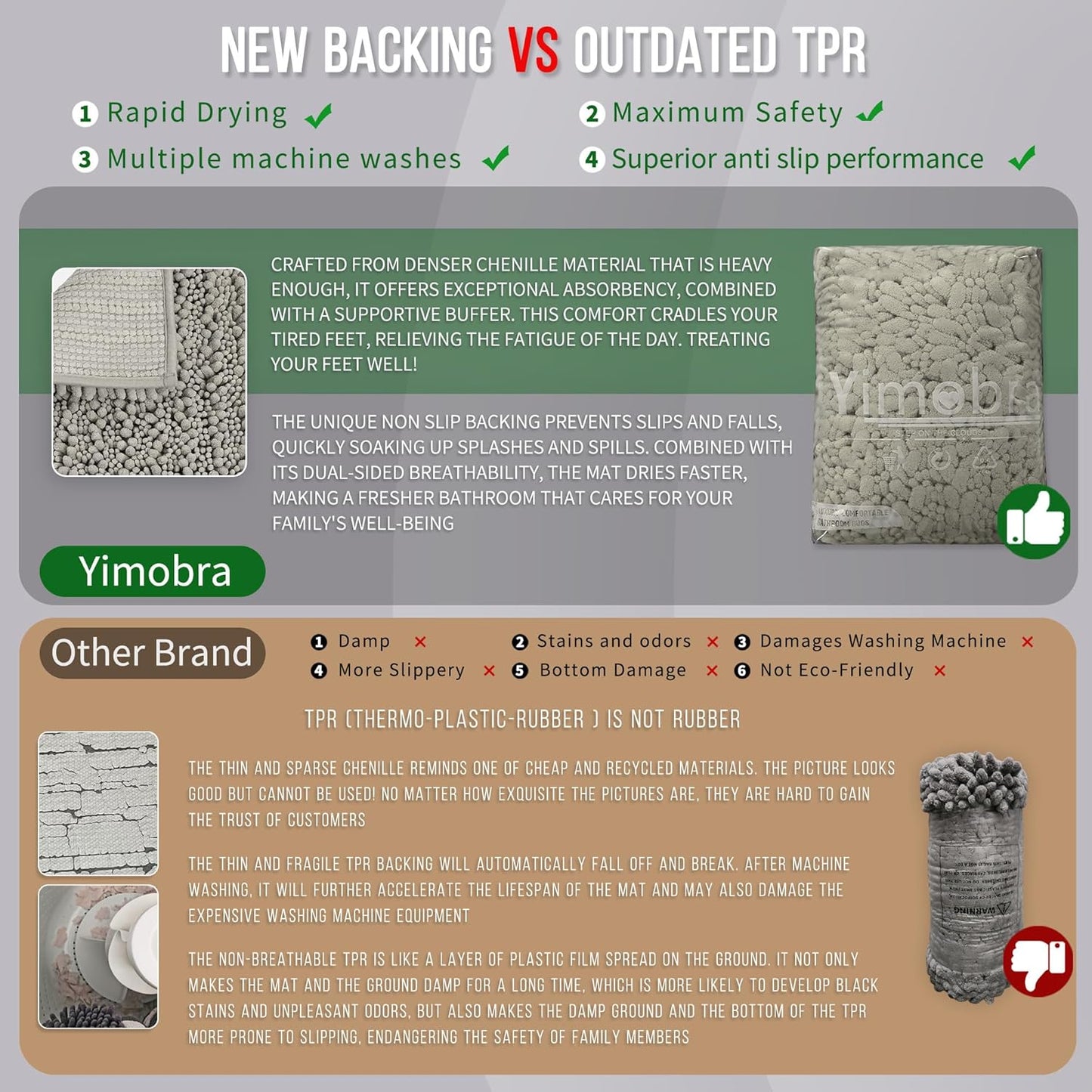 Yimobra Long Bathroom Rugs Non Slip Washable 44x24 Inch - Ultra Soft Absorbent Chenille Bath Mat, Quick Dry Shaggy Floor Carpet for Tub Shower, Sand Home Decor Accessories