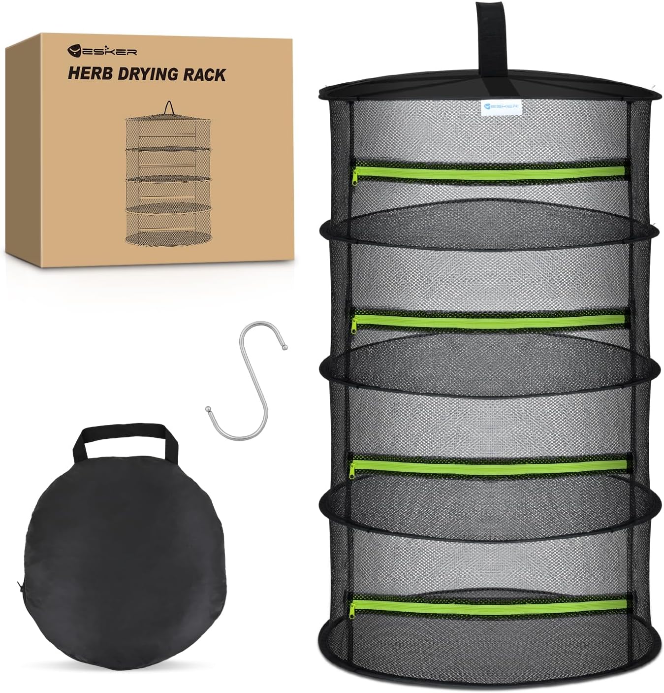 Yesker 4 Layer Herb Drying Rack Hanging Mesh Net Foldable Plant Drying Racks 24" Diameter with Green Zipper & Hook Dryer Hanging Rack for Herbs Seed Bud Fruit Clothes Grow Tent Closets Garden Outdoor