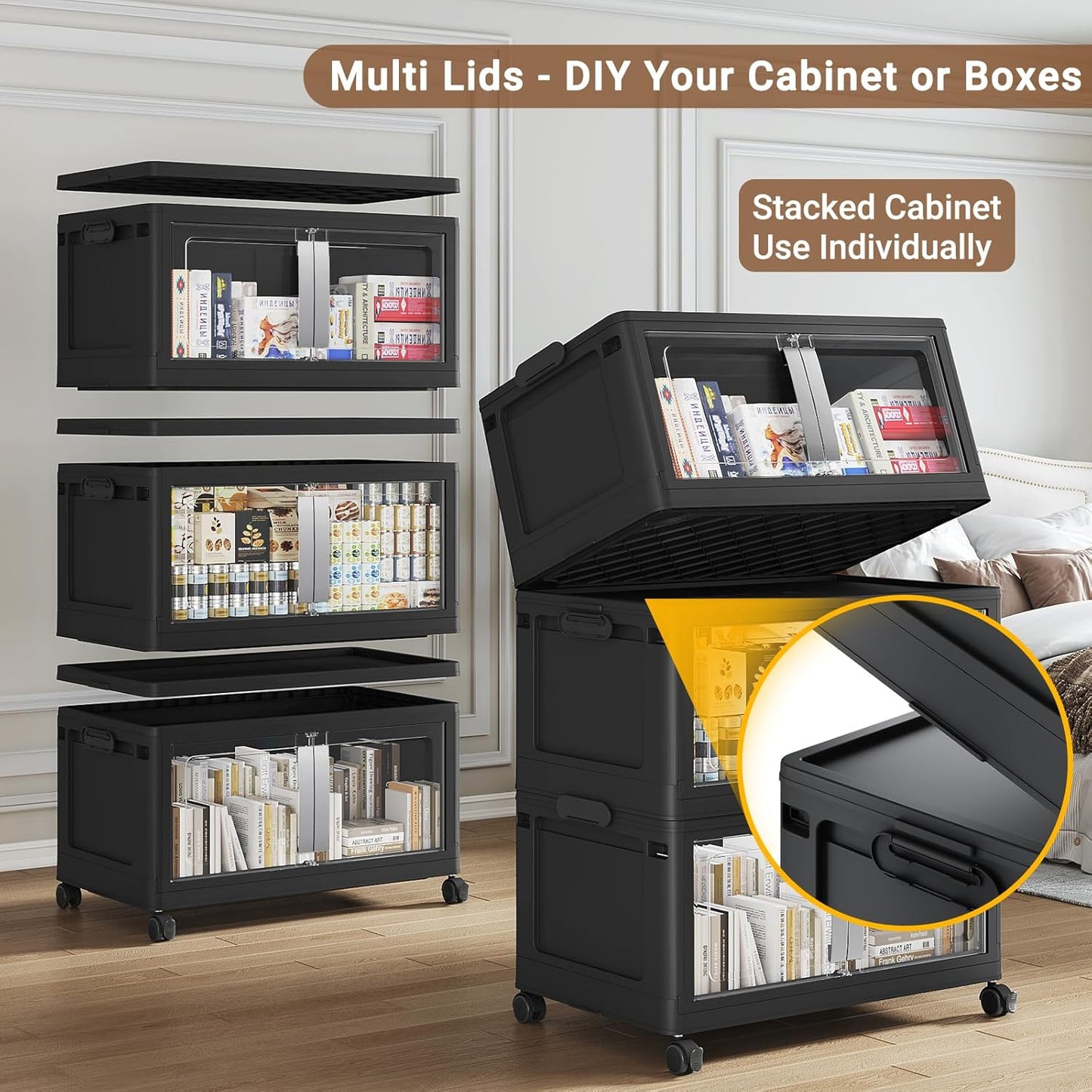 160QT Stackable Storage Bins with Lids, 40Gal Extra Large Collapsible Storage Box with Wheel, Plastic Storages with Clear Door Open Front for Home Bedroom Garage, Black-1pack