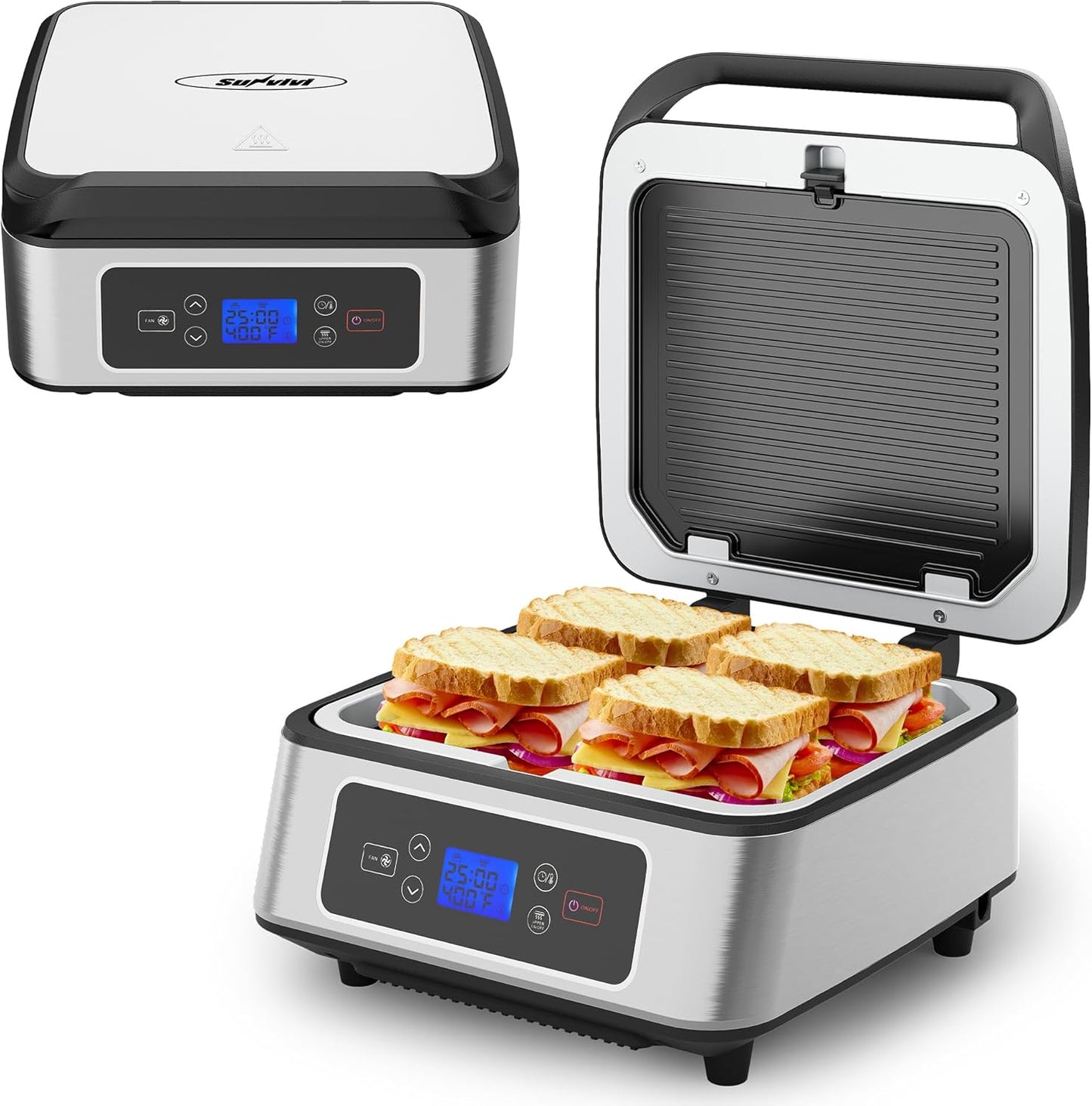 Sunvivi 1300W Smokeless Indoor Grill, Electric Panini Press Sandwich Maker with Auto-Lift, Fan, Independent Upper Heating, Smart Time & Temperature Control, Removable Non-Stick Plates