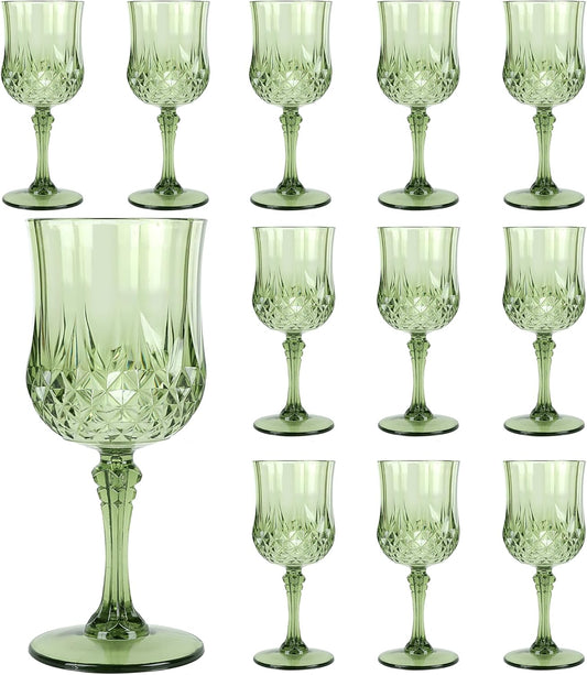 Plastic Wine Glasses，Plastic Goblets Vintage Style Cordial Drinking Glasses for Wedding Reception, Grand Event Party Supplies (12, New Green)