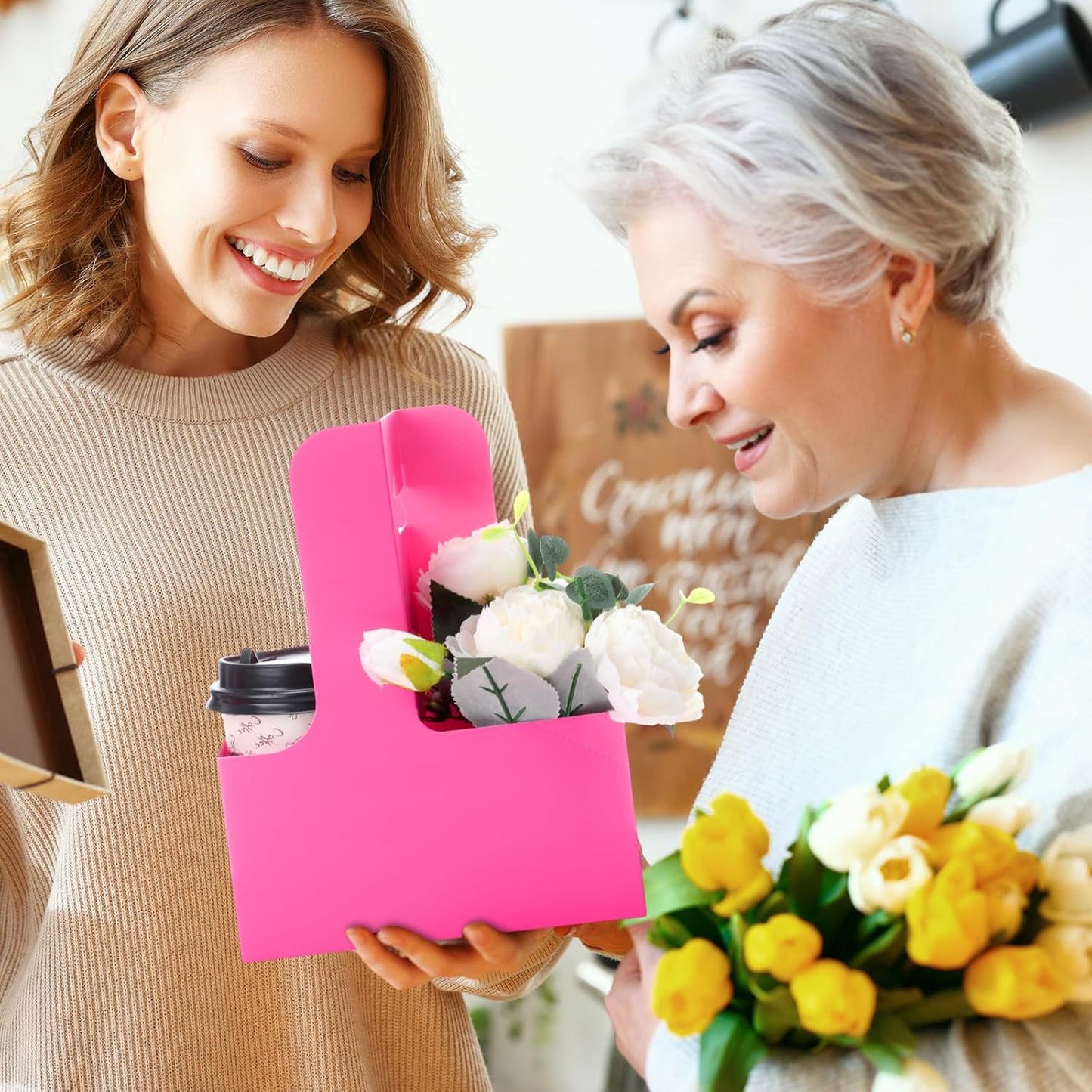 Kosiz 60 Pcs 2 Cups Drink Carrier with Handle 6.9 x 3.2 x 8.9 Inch Coffee Holder Paperboard Drink Caddy for Hot and Cold Beverage Takeout Cafe and Restaurant Xmas Wedding Food Delivery(Rose Red)