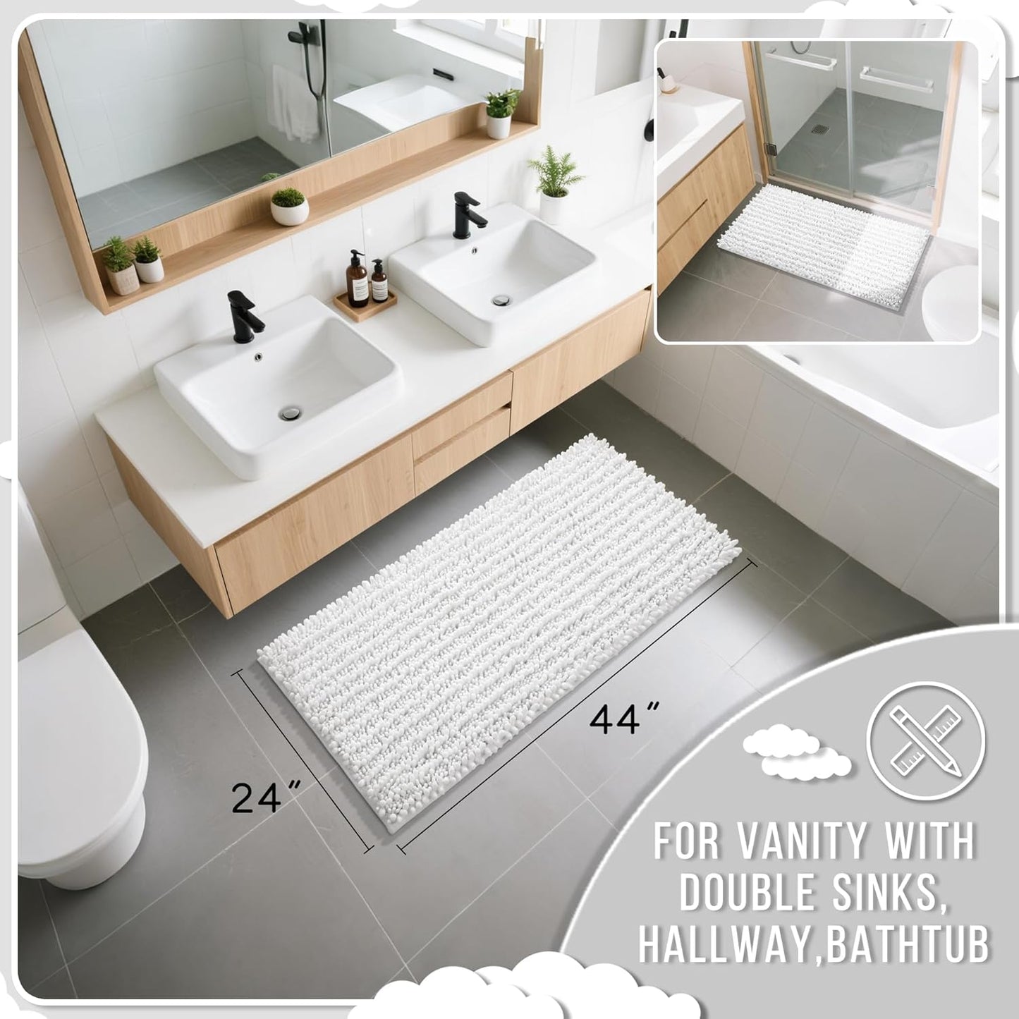 Yimobra Long Bathroom Rugs Non Slip Washable 44x24 Inch - Ultra Soft Absorbent Chenille Bath Mat, Quick Dry Shaggy Floor Carpet for Tub Shower, White Home Decor Accessories