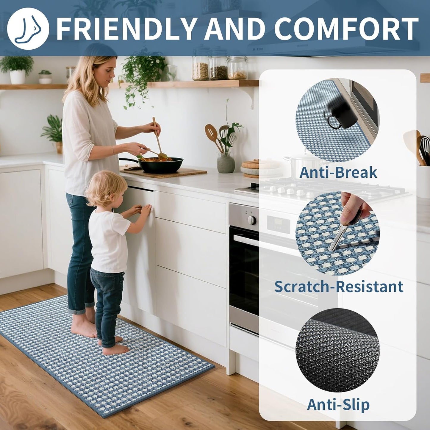Kitchen Mat Kitchen Rugs Sets of 2 PCS Non Slip Washable, Super Absorbent Soft Braided Kitchen Mats for Floor, Rubber Backing Comfort Standing Kitchen Sink Mat Runner Rug, Blue 17"x28"+17"x59"