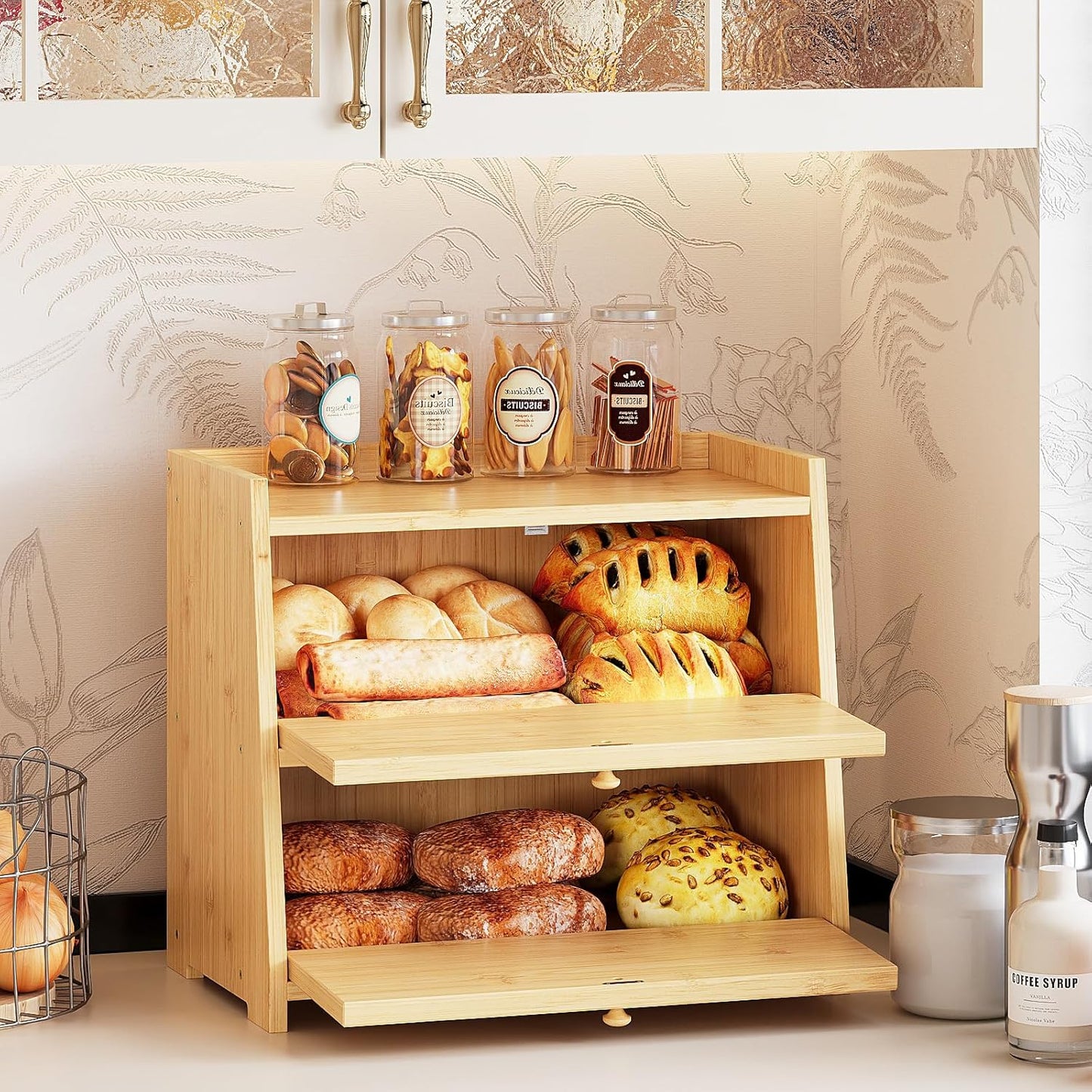 Vintage Double Layer Bread Box for Kitchen Counter Bamboo Bread Storage Container Large Capacity Bread Storage Bin (Natural Bamboo)