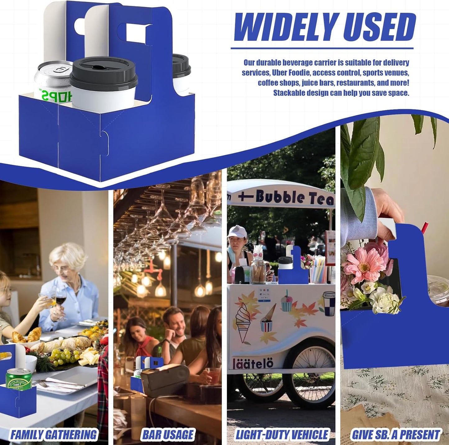 2 Cup Disposable Drink Carrier for Delivery with Handle,15 Count Blue Paperboard Cup Holder,Cup Carriers for Hot or Cold Drinks,Coffee Carrier, Food Delivery,Take Out Cup Carriers (Blue, 15 PCs)