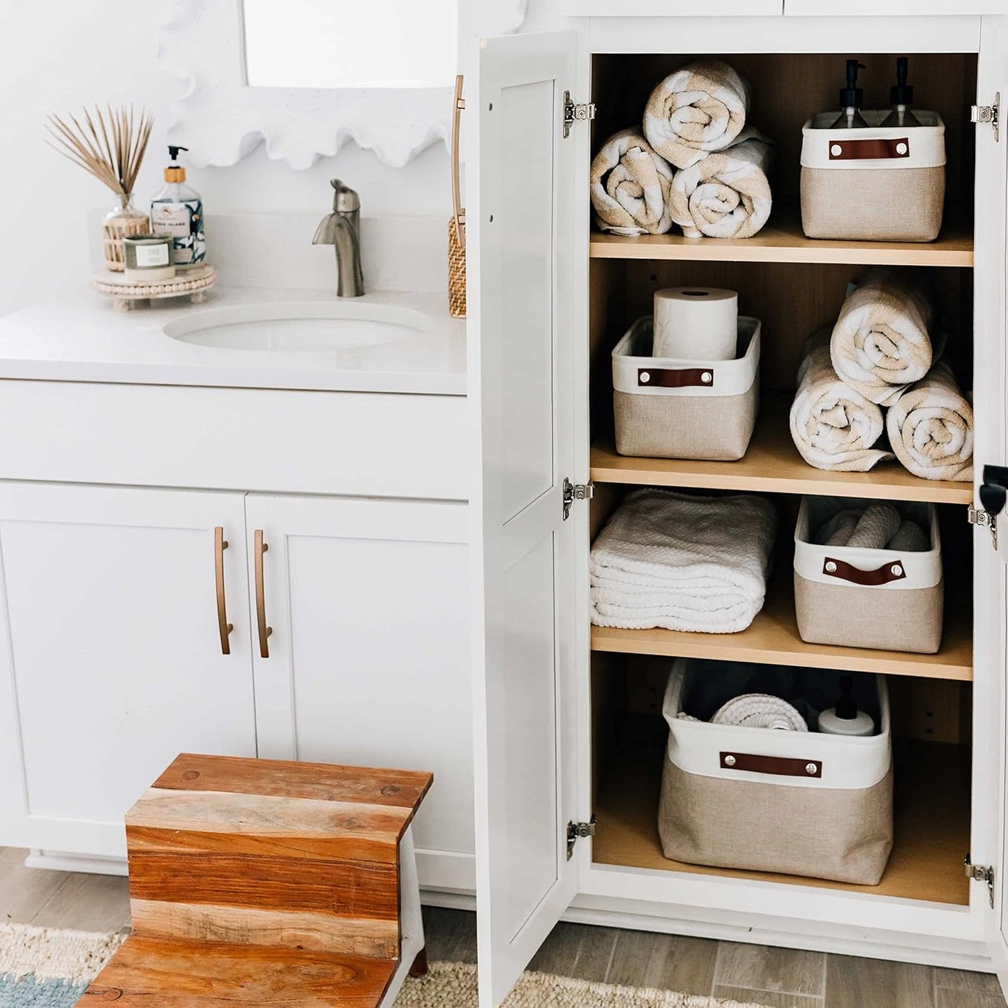 OrganiHaus Small Fabric Storage Baskets for Shelves 6 Pack, 12x8in Closet Storage Bins for Shelves, Cloth Storage Bins, Linen Closet Organizers, Fabric Basket, Shelf Baskets for Organizing Beige/White