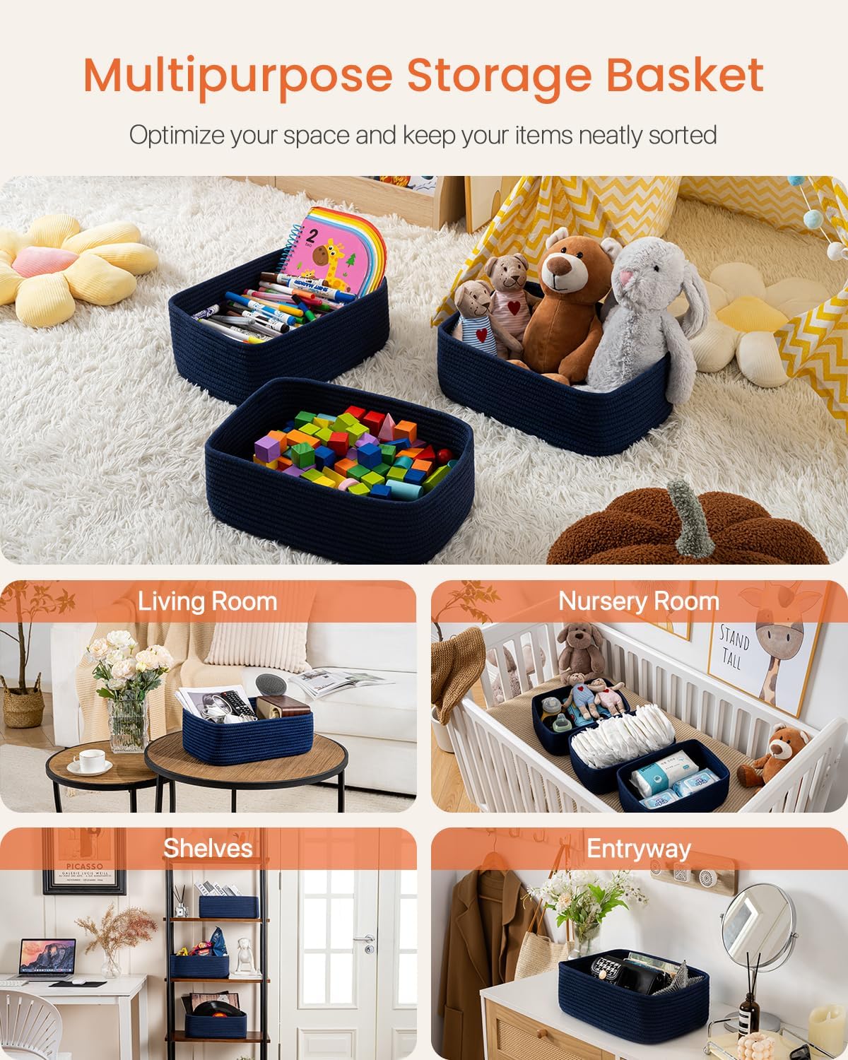 Small Woven Basket, 13.5 x 9.5 x 5 Inches, Storage Basket for Organizing, Cute Small Rope Shelf Closet Cube Storage Bins Baskets for Shelves, Dog Toy Gift Baskets Empty, 3 Packs, Navy Blue