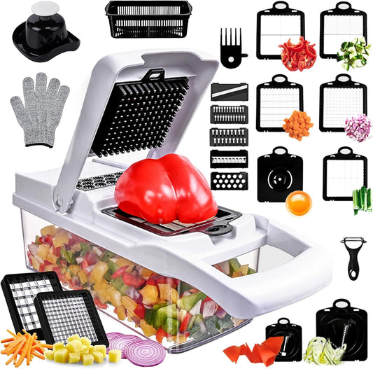 Vegetable Chopper,25 in 1 Multifunctional Food Chopper with Container,Kitchen Vegetable Slicer Dicer Cutter,Veggie Chopper Fruit Salad Potato,13 Blade Stainles Steel Blades（White）