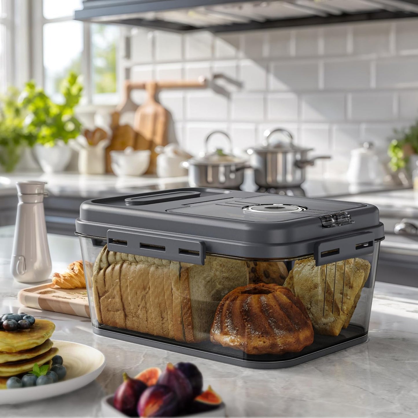 Bread Box For Kitchen Countertop, Airtight Bread Storage Container, Bread Container For Homemade Breads, Cookies, And Cake, Grey Bread Keeper