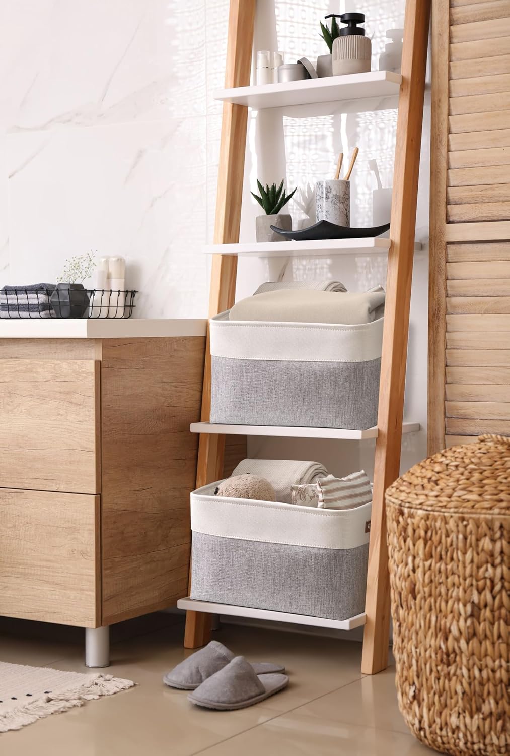 DECOMOMO Storage Baskets for Shelves - Fabric Storage Bins, Linen Closet Organizers and Storage (Grey & White, Large - 1 Pack)