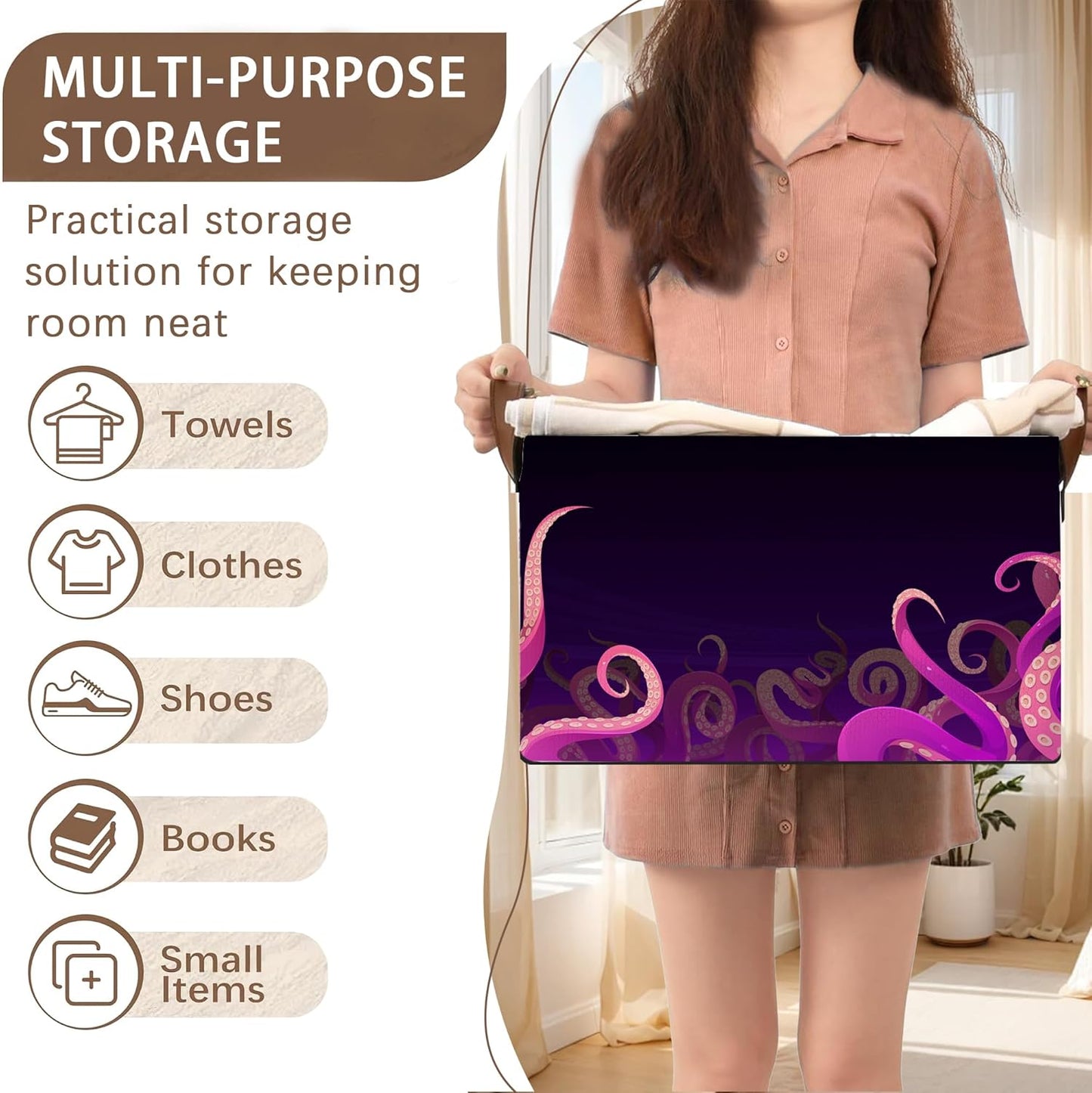 Ocean Life Storage Basket Large 17x11.5x10.5 Inche-Collapsible Fabric Organizer Bin with Handles for Beach House, Kids Room, Marine Theme-Decorative Hamper with Sea Creature Tentacle-Single Pack