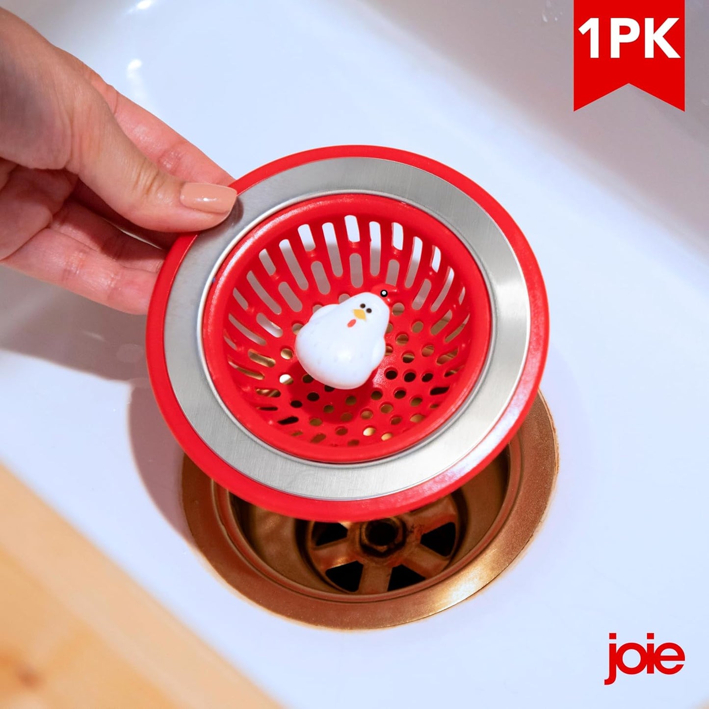 Joie Doodle Doo Kitchen Sink Strainer Basket, Fits All Standard Sinks, Stainless Steel, Cute Garbage Disposal Drain Cover, 4.5-Inch, Red Rooster