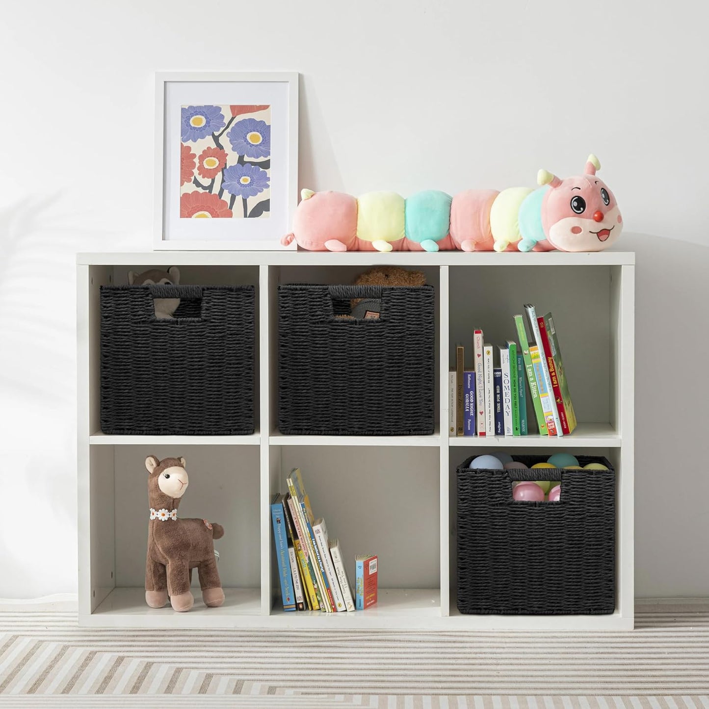 Wicker Storage Baskets for Organizing, 3 Pack Rustic Foldable Square Basket for Shelves, Handwoven Cubby Organizer Bins for Home Decor, Small Cube Storage Bin for Closet Organization (Black 11 inch)