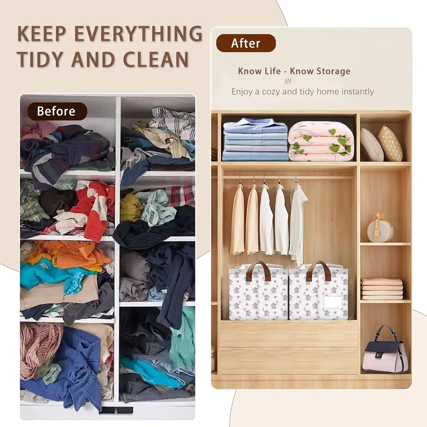 Foldable Collapsible Storage Bin with Elephant & Butterfly Pattern-17x11.5x10.5 Inch Organizer Basket for Nursery, Kids Room, Closet, Toy Storage-Single Pack, Space-Saving Home Decor