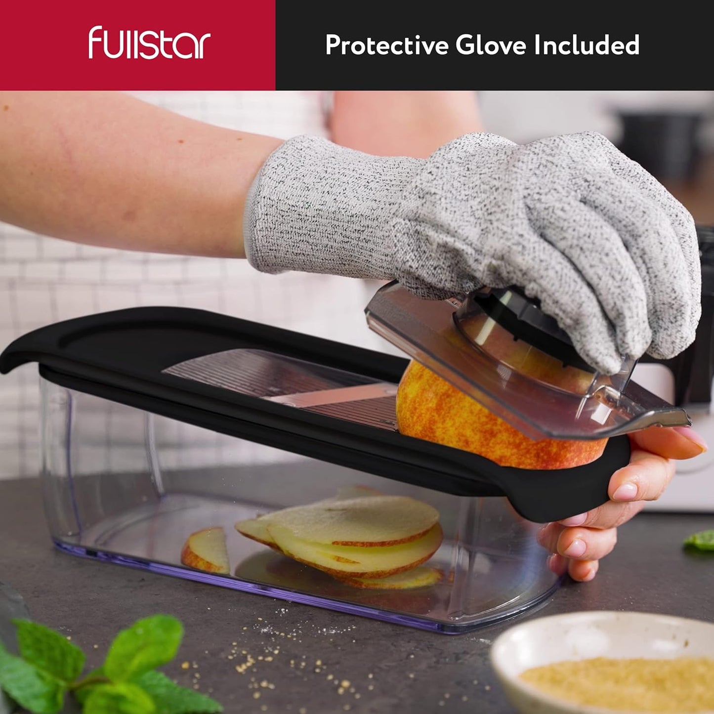 Fullstar Mandoline Slicer for Kitchen, Fruit Cutter, Cheese Grater, Cucumber Slicer, Veggie Spiralizer, Food Cutter & Kitchen Gadgets with Safety Glove (6 in 1, Black)