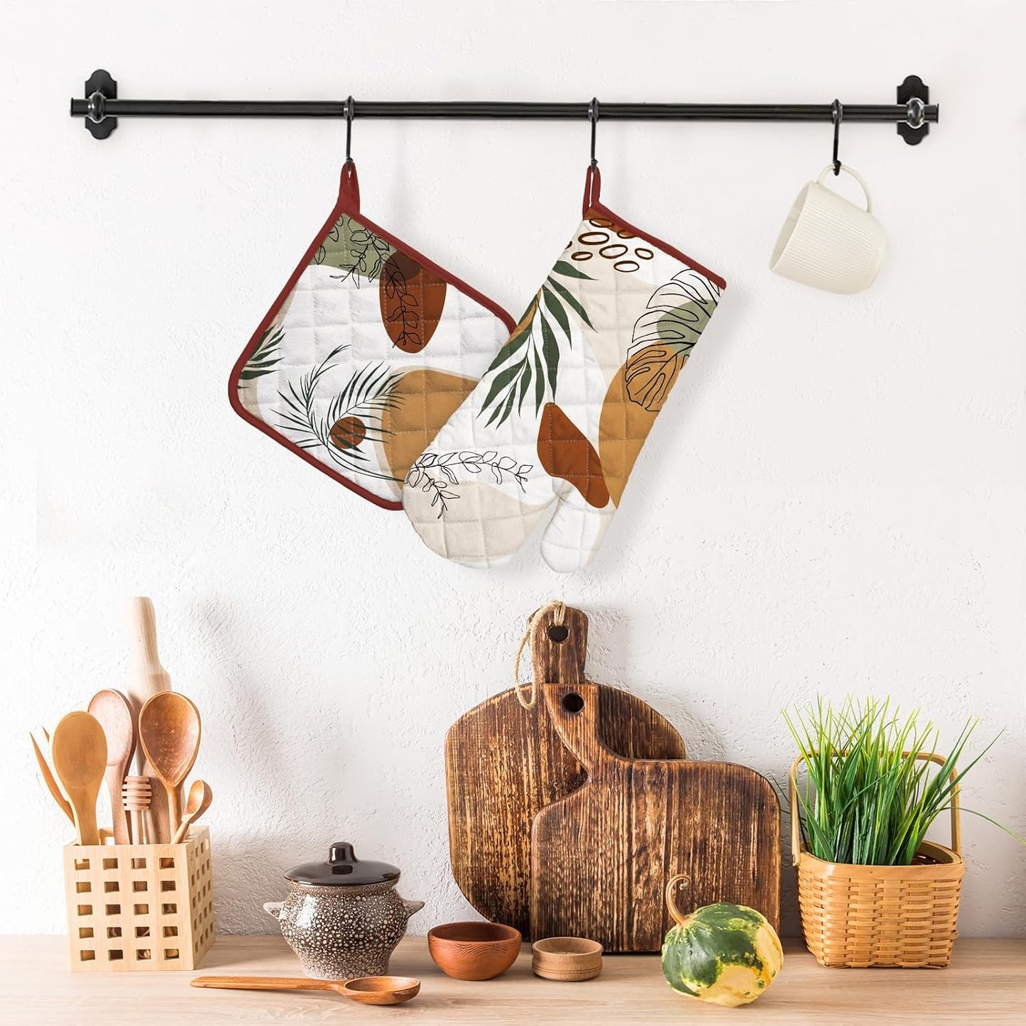 Boho Leaf Oven Mitts and Pot Holders Sets 2Pcs, 100% Cotton Heat Resistant, Vintage Extra Long Oven Gloves Potholder for Kitchen Cooking Baking Decoration