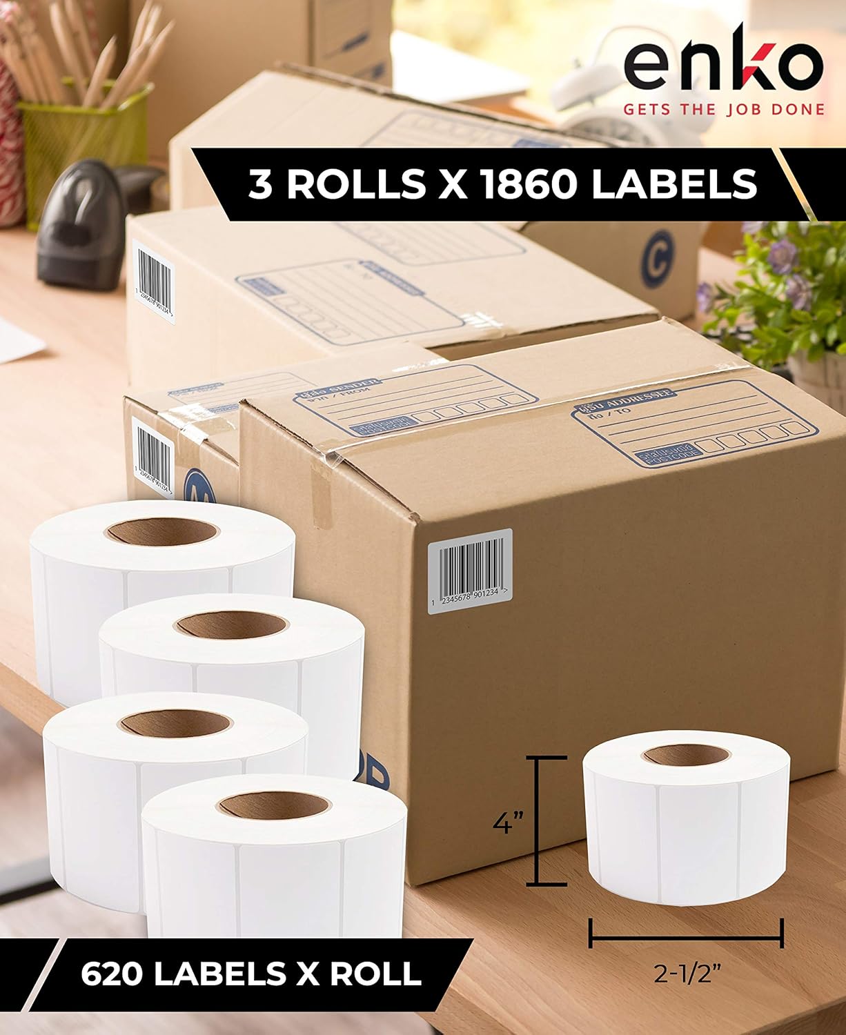 enKo [3 Rolls, 1860 Labels] 4 x 2-1/2 inches Direct Thermal Labels, FBA Stickers, FNSKU Label Compatible for Zebra/Eltron