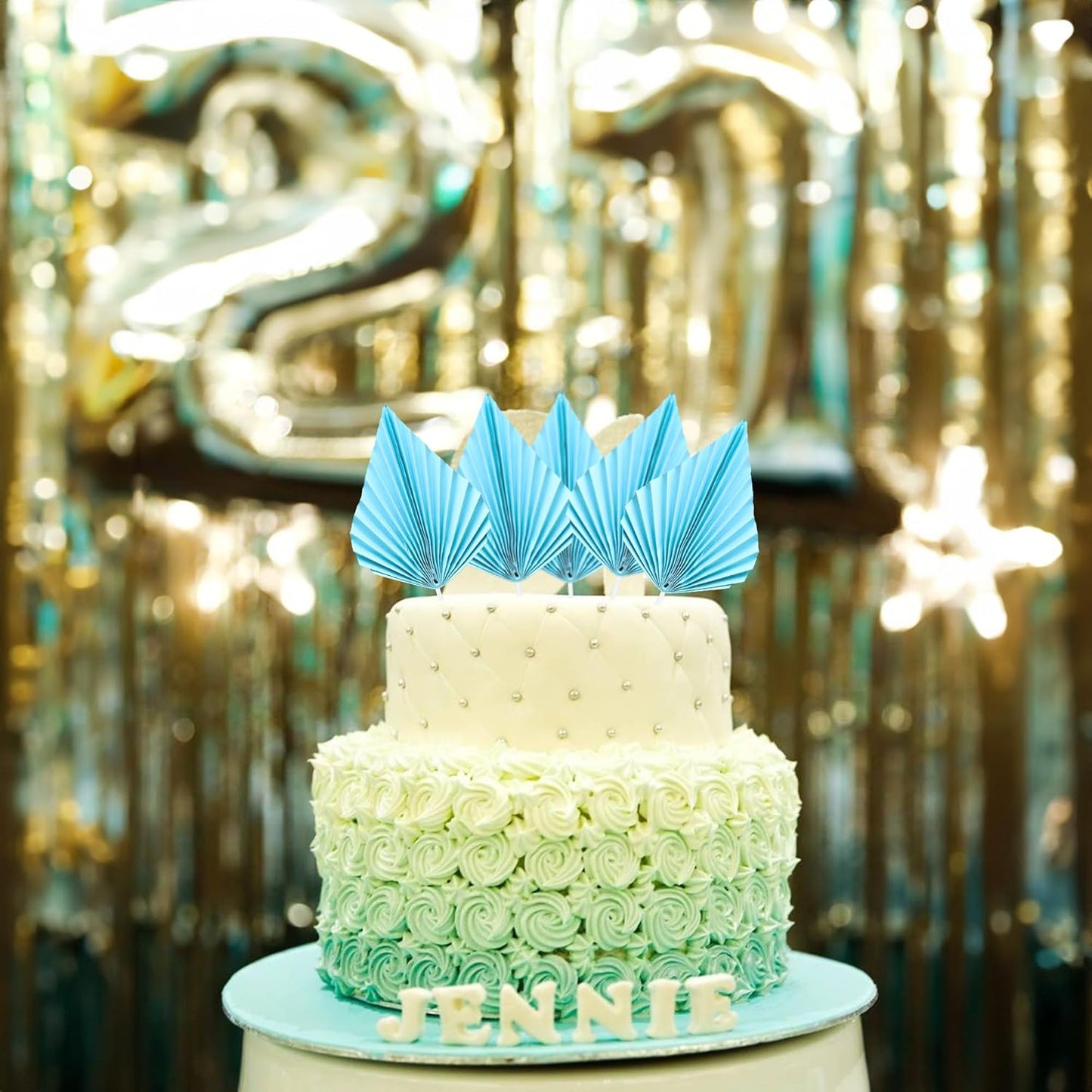 Gyufise 6pcs Paper Palm Fan Cake Toppers - Palm Leaf Fan & Spear Leaf Cupcake Toppers - Cake Insert Decoration for DIY Craft Projects, Home, Wedding, Party Supplies - Lake Blue