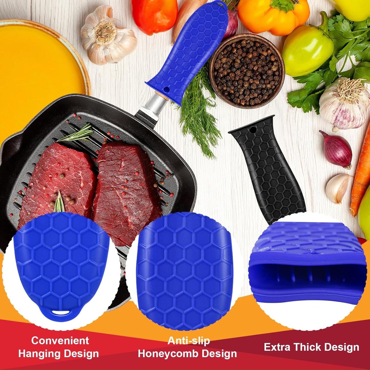 5 Pcs Cast Iron Handle Cover, Silicone Hot Handle Holder, Heat Resistant Cast Iron Skillet Handle Covers Potholder for Frying Pans and Griddles Kitchen Supplies