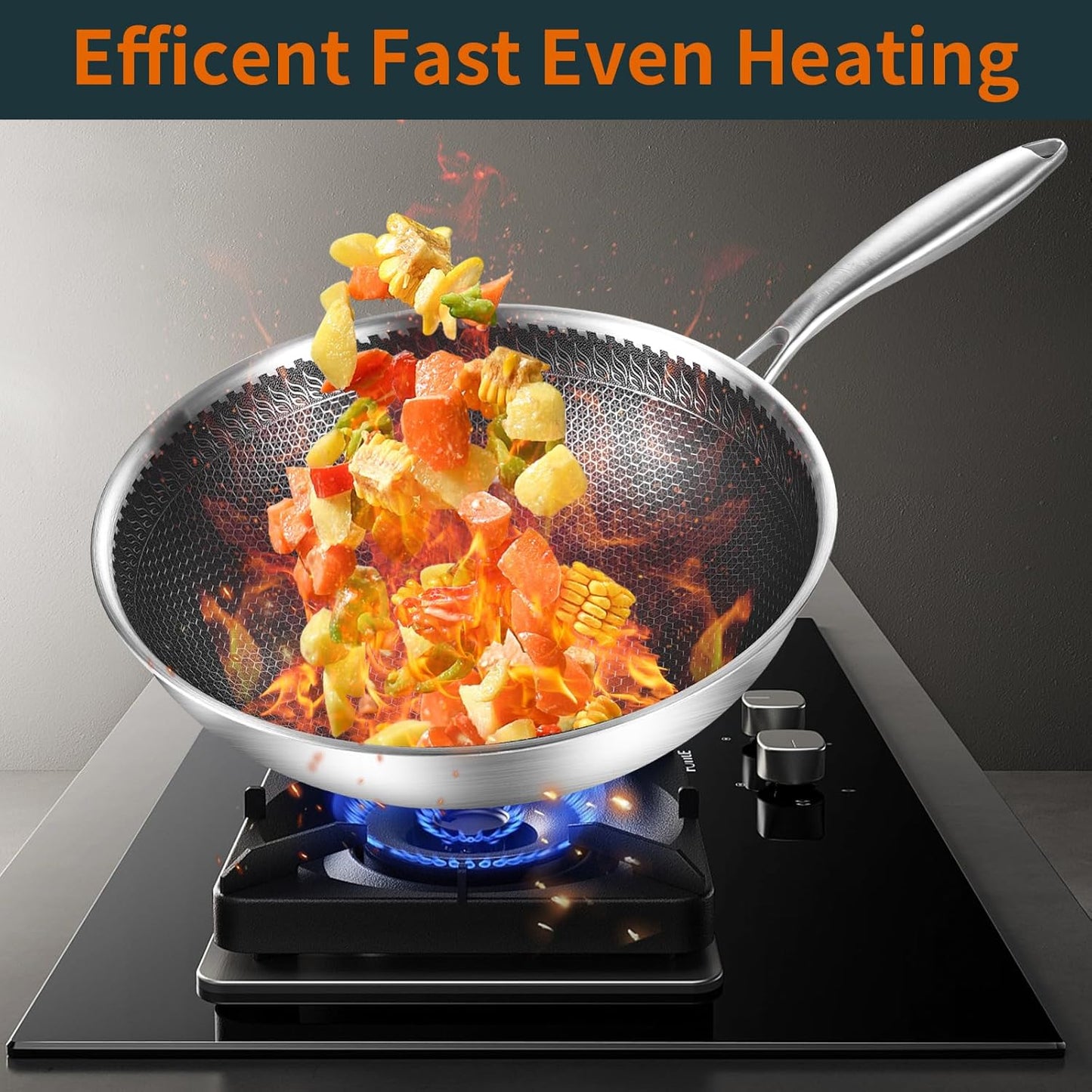 DELARLO Tri-Ply Stainless Steel Wok Pan With Lid 13 Inch, Oven Safe Up to 600℉,Woks & Stir-Fry Pans Nonstick Wok, Deep Frying Pan Efficent Fast Even Heating