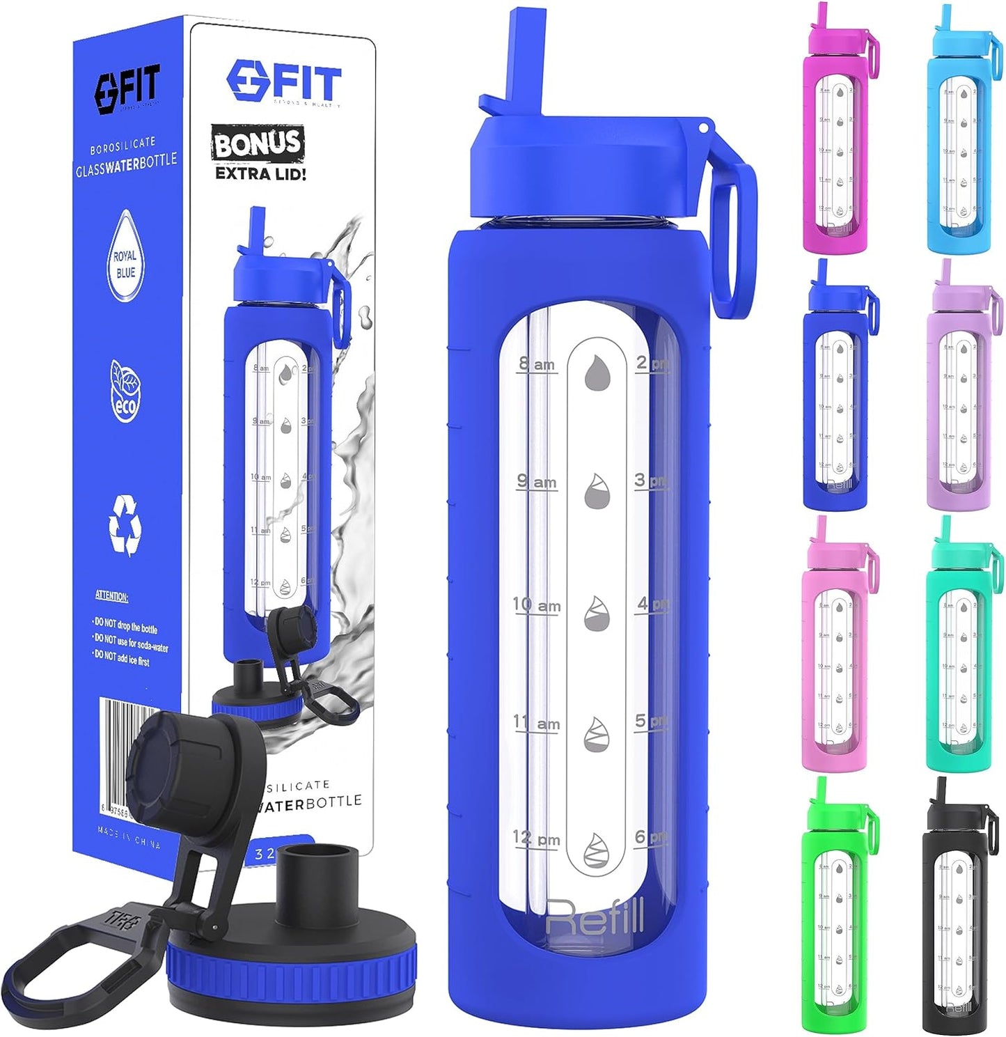 FIT Strong & Healthy 32 oz Glass Water Bottle with Straw Lid, Time Marker, Sleeve & Extra Lid - Motivational, Wide Mouth 1 Liter Glass Drinking Bottle