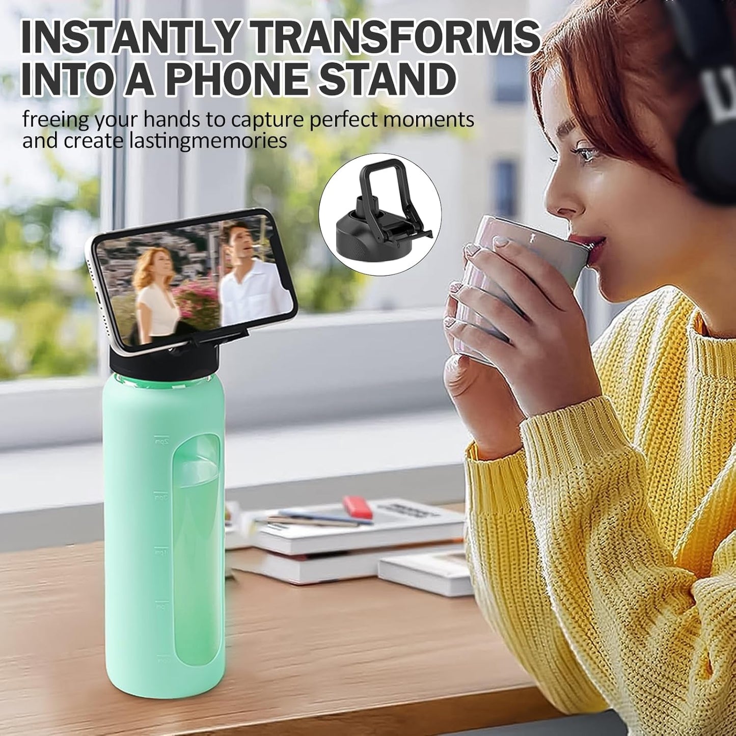 32oz Glass Water Bottle with Straw and 2 Lids- Bamboo Straw and Spout Lid with Phone Holder for Gym, Glass Drinking Bottles with Silicone Sleeve and Motivational Time Marker, Mint Green