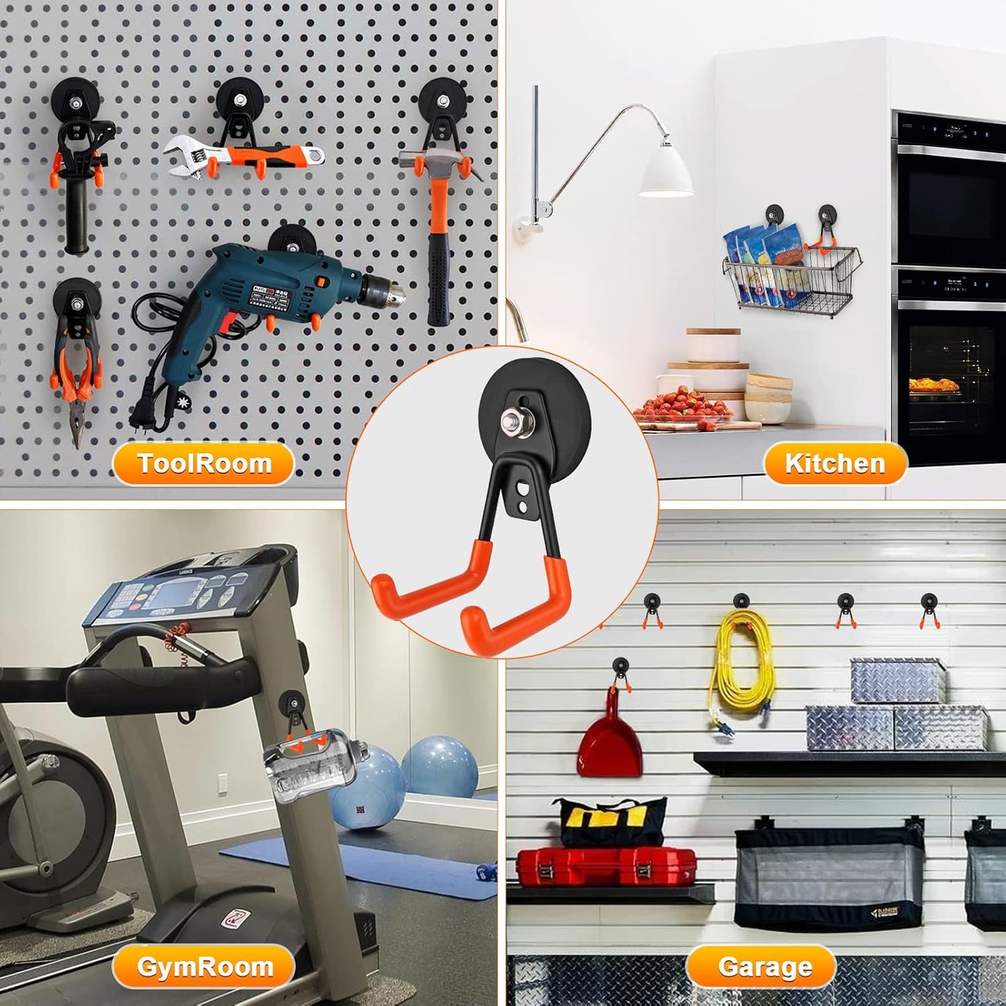 Large Magnetic Hooks Heavy Duty Magnetic Garage Hook,4 Pack Magnet Hooks with Anti-Slip Coating, Strong Storage Utility Magnetic Hook fo Metal Cabinet,Pegboard,Garage Shelve,Garden Tools(Orange,M)