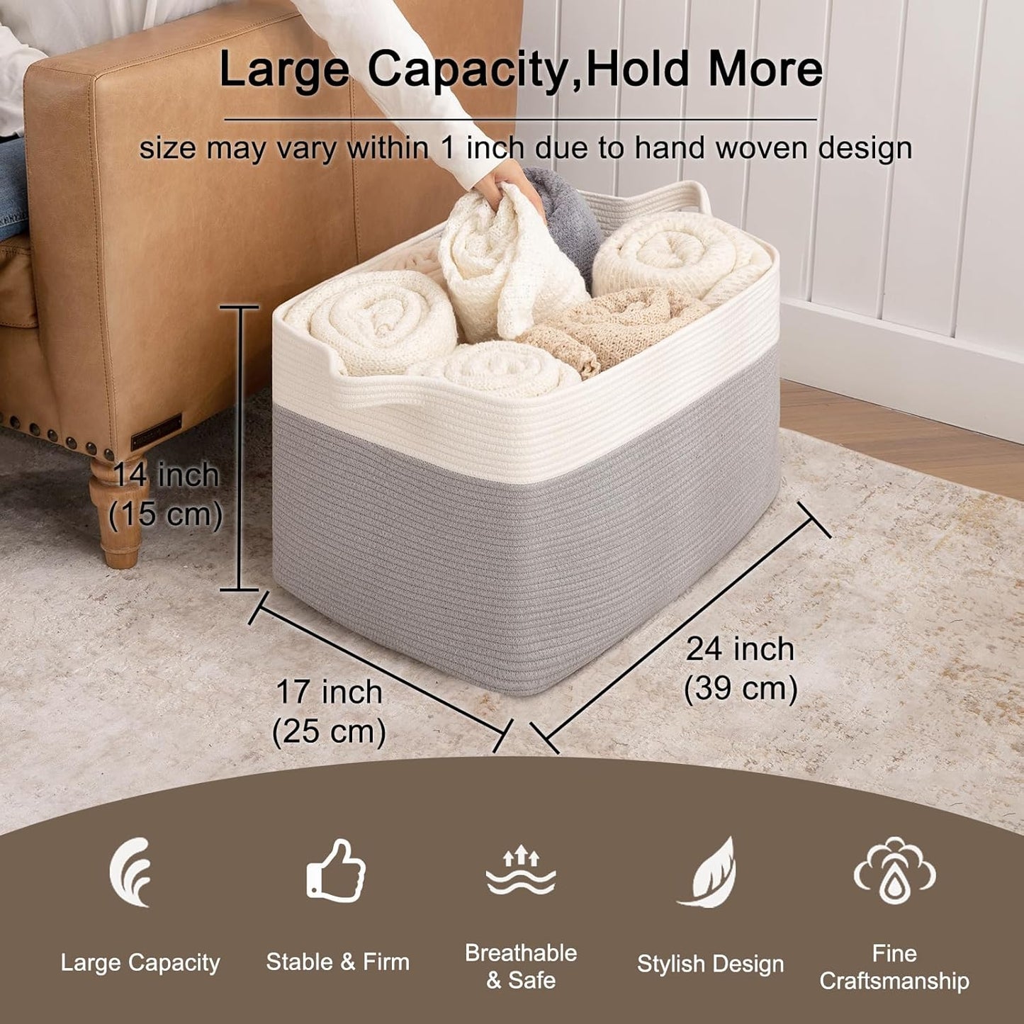 OIAHOMY 95L Blanket Basket, 24”x17”x14”, Large Woven Baskets for Storage, Nursery Cotton Rope Basket with Handle, Living Room, Nursery, Bedroom,Toy Baskets Organizer Bins, Grey & White