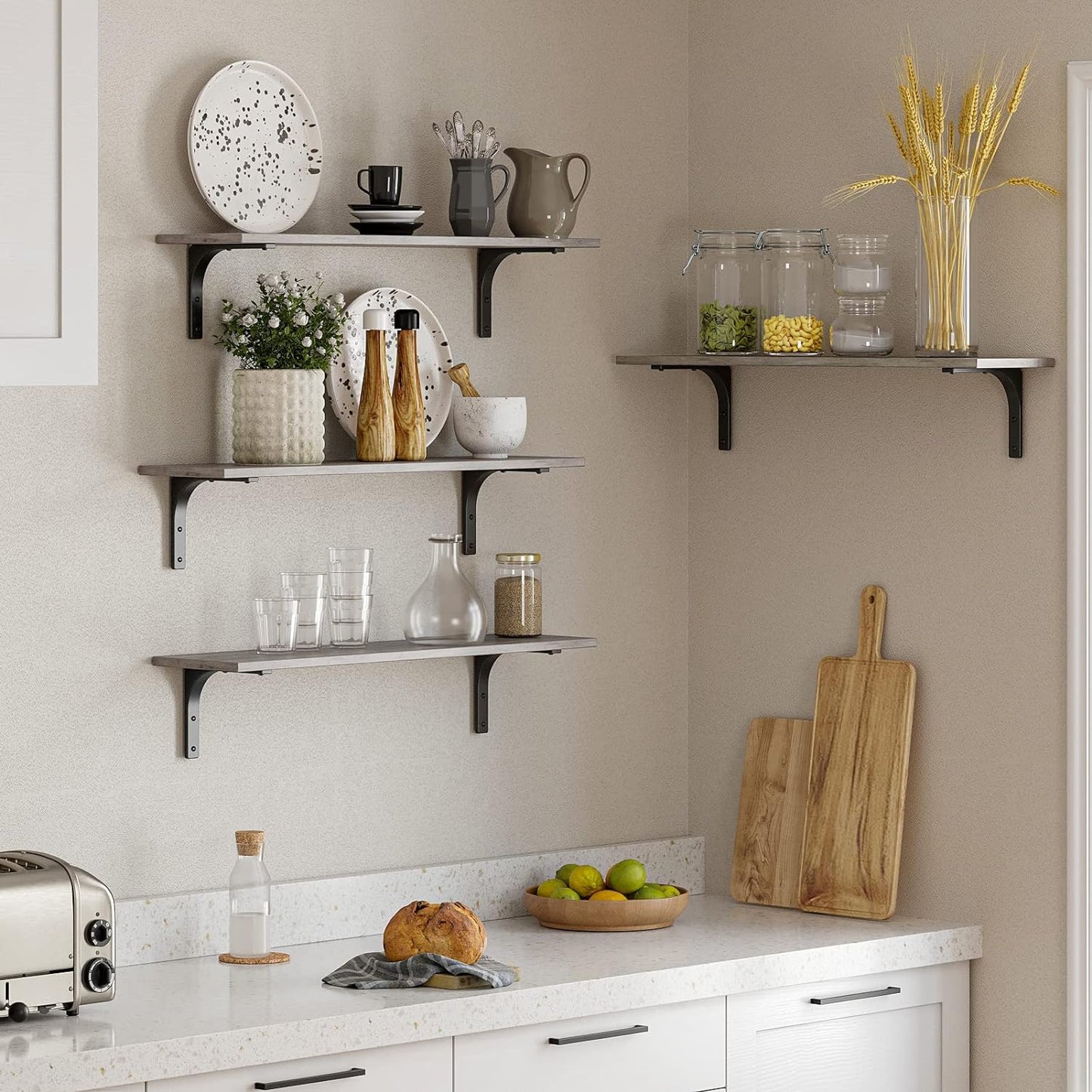 DINZI LVJ Long Wall Shelves, 23.6 Inch Wall Mounted Shelves Set of 2, Easy-to-Install, Wall Storage Ledges with Sturdy Metal Brackets for Living Room, Bathroom, Bedroom, Kitchen, Gray Wash