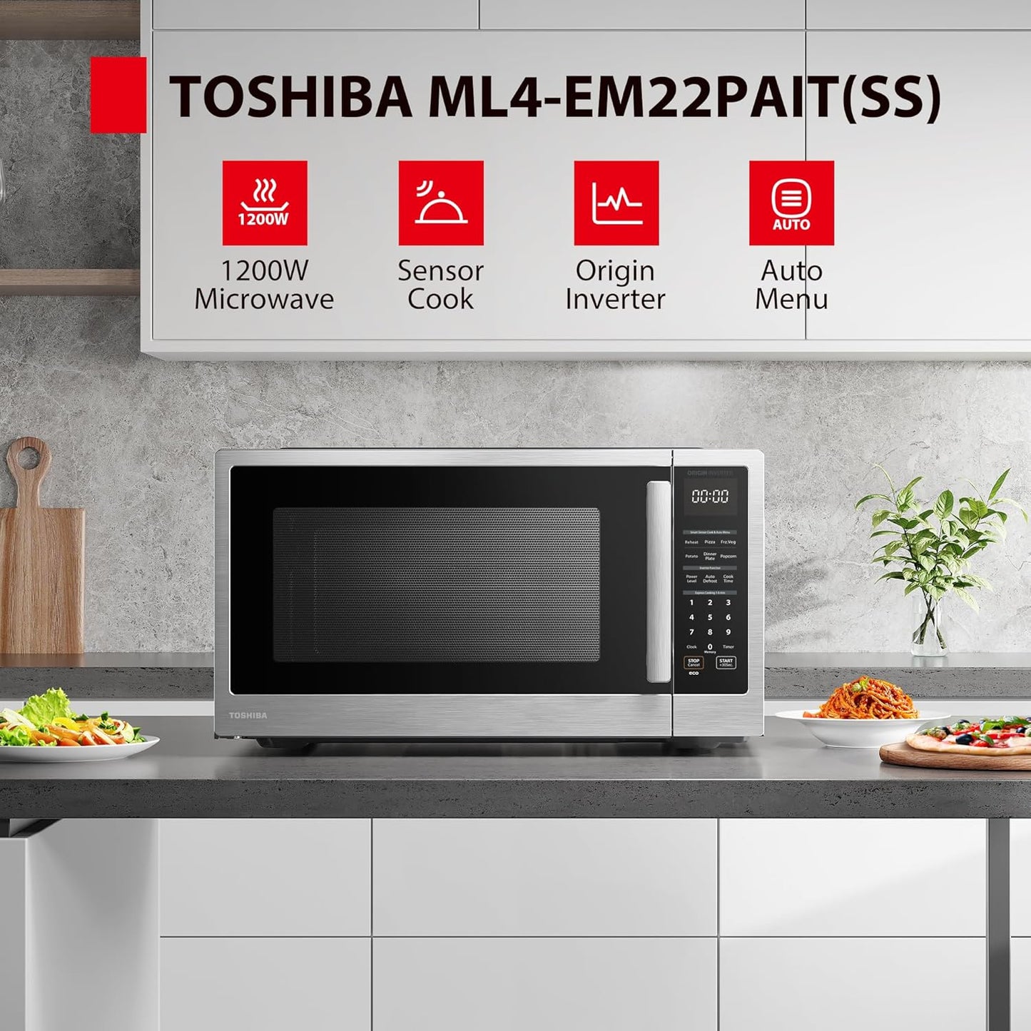 TOSHIBA ML4-EM22PAIT(SS) Countertop Microwave Oven with Sensor Cook, 6 Auto Menus, Origin Inverter, Child Lock, 2.2 Cu Ft for Large Family, 16.5 Inch Removable Turntable, 1200W, Stainless Steel