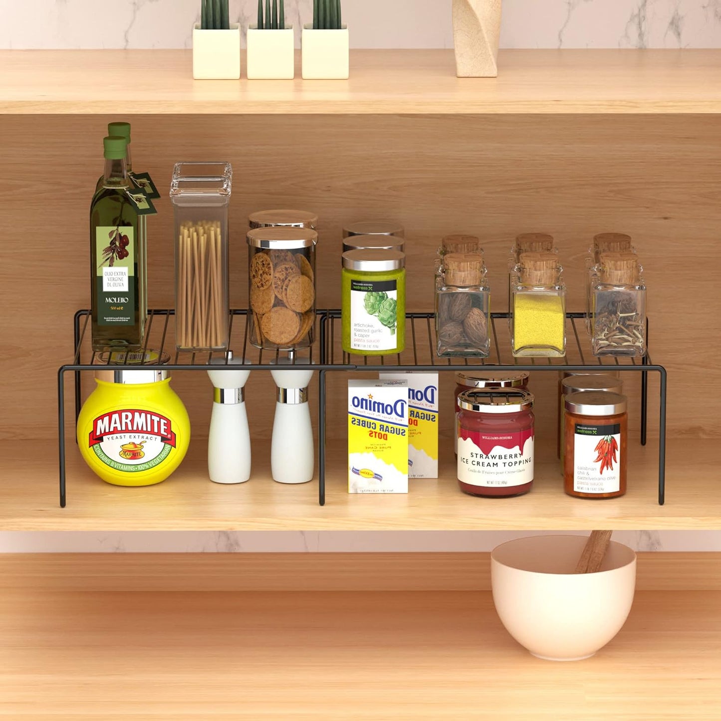 Redrubbit Expandable Metal Rustproof Kitchen Counter and Shelf Rack, 4 Piece Set of 2, Space Saver for Kitchen, Fridge, Bathroom