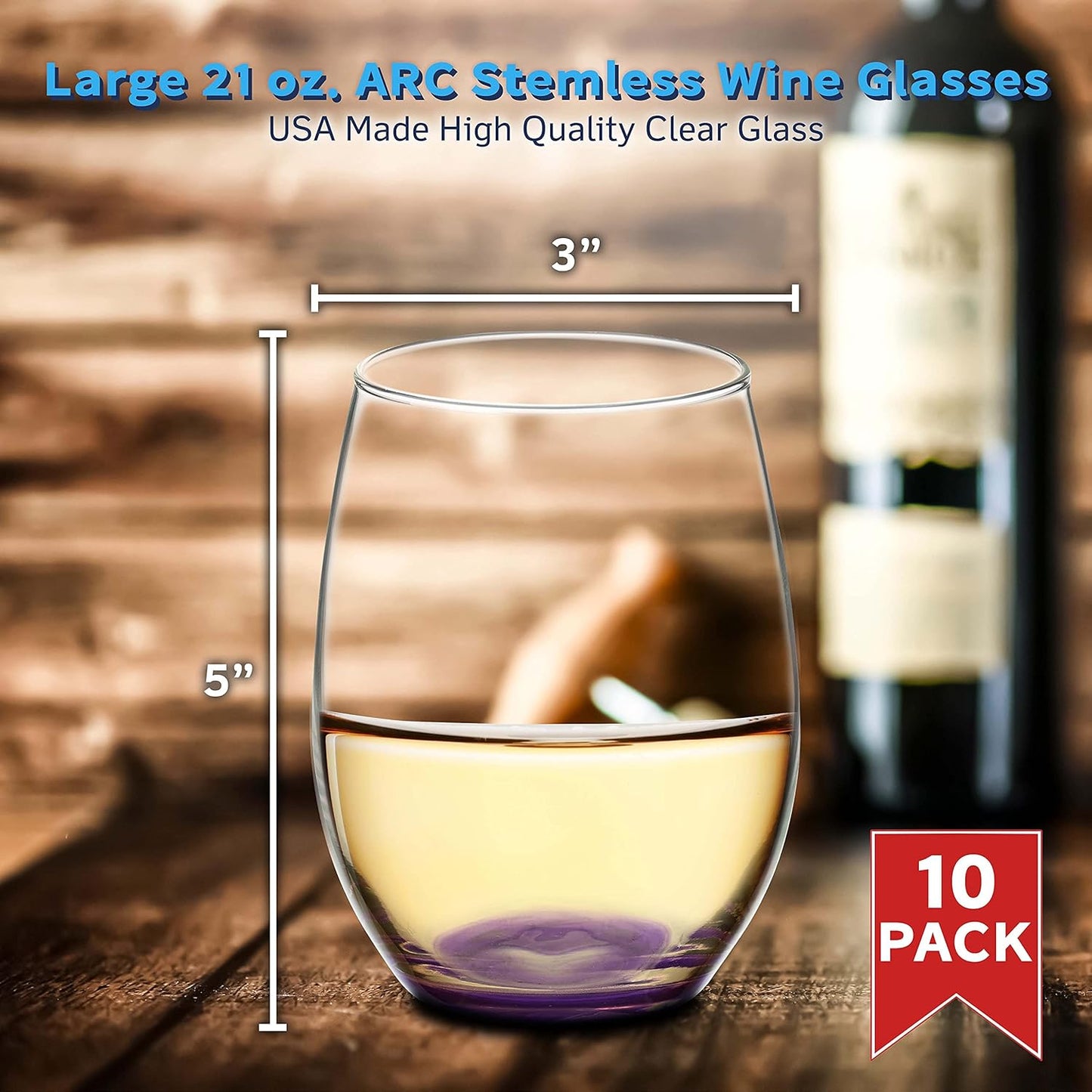 DISCOUNT PROMOS 10 ARC Stemless Wine Glasses Set, 21 oz. - Chardonnay, Cabernet, Merlot, Sauvignon - Purple