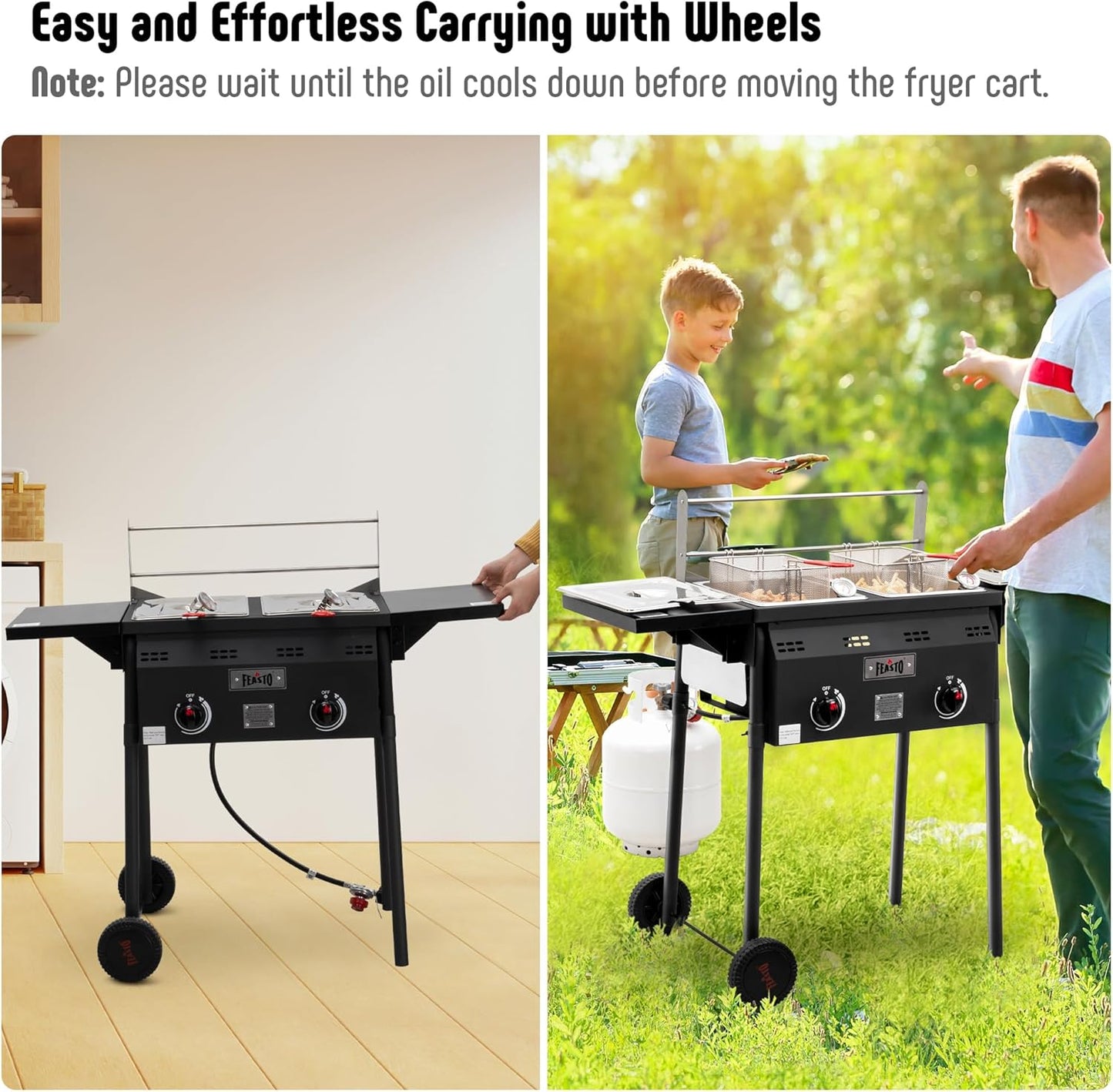 Outdoor Propane Deep Fryer,Dual Tank with Dual Independent Cast Iron Burners and Thermometers,Removable Fryer Pot,Baskets & Lids, Movable Propane Fryer Cart with Regulathor,50000 BTU