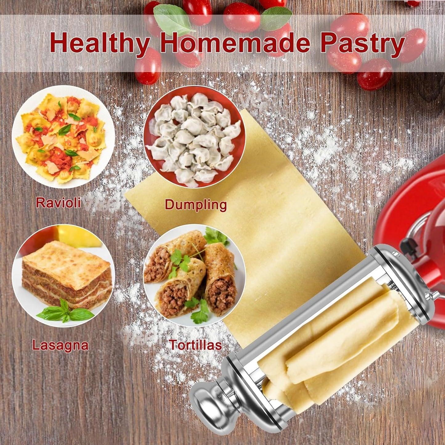 Pasta Roller Attachment for Kitchenaid Stand Mixer, Stainless Steel Pasta Maker Attachment with 8 Adjustable Thickness Knob, Dough Pasta Sheeter Roller for Raviolis Pasta