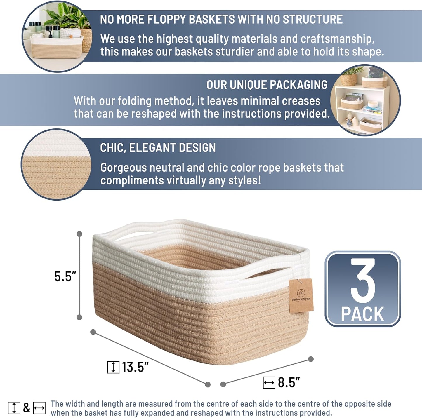 NaturalCozy 13.5”x8.5”x5.5” Storage Baskets for Shelves 3 Pack | Cotton Rope Woven Small Baskets for Organizing | Small Storage Bins for Nursery, Bathroom, Closet, Cube Shelf, Decorative, Gift