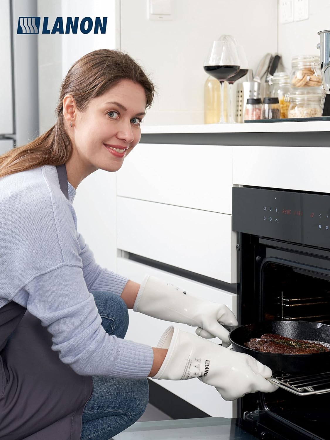 LANON Liquid Silicone Gloves, Heat Resistant Oven Gloves with Fingers, Food Grade, Waterproof, White, XXL