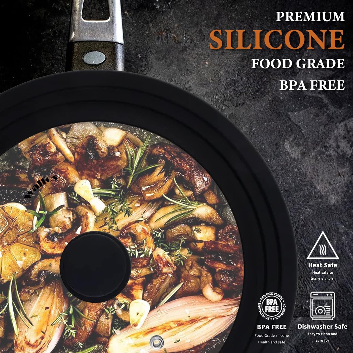 Walfos Universal Lid, Tempered Pan Lid with Heat Resistant Silicone Rim, Fits All 7" to 12" Diameter Cookware, Pots, Pans and Skillets (2Pk)