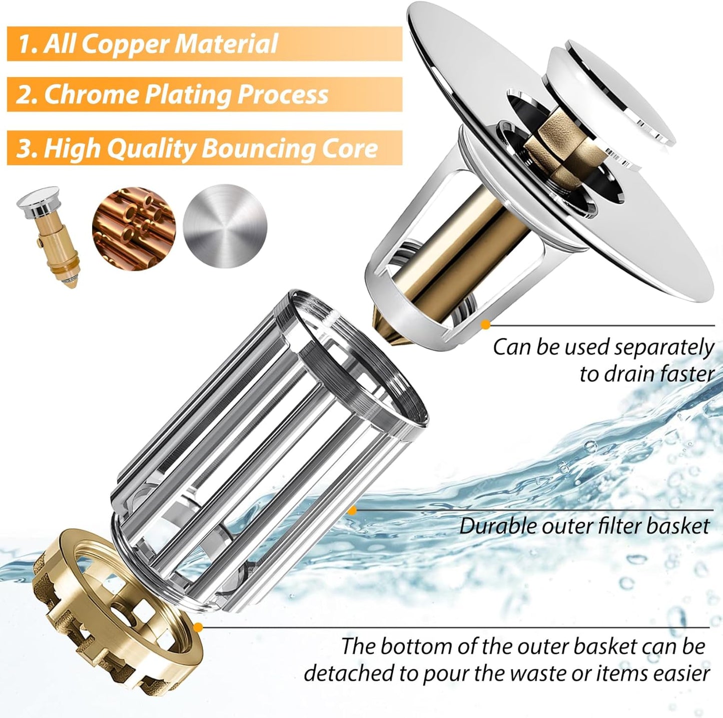 Bathroom Sink Drain Strainer, 3 in 1 Pop Up Bathroom Sink Stopper with Removable Brass Basket Hair Catcher, Universal Sink Plug for 1.06 to 1.6in Drain Hole, Chrome Silver