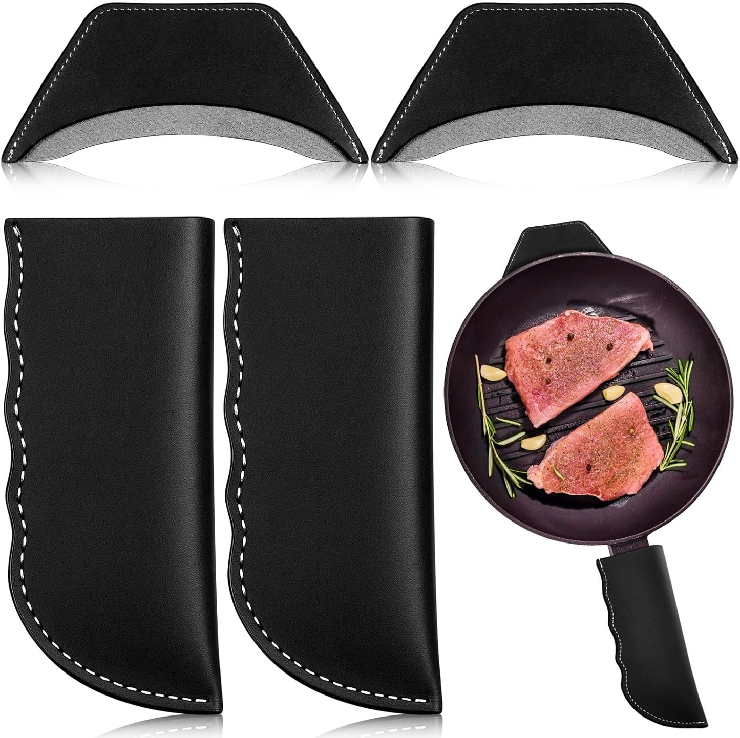 Baderke 4 Pcs Leather Cast Iron Handle Cover Handmade Leather Heat Resistant Skillet Handle Set Pot Holder for Hot Frying Pans, Pots(Black)
