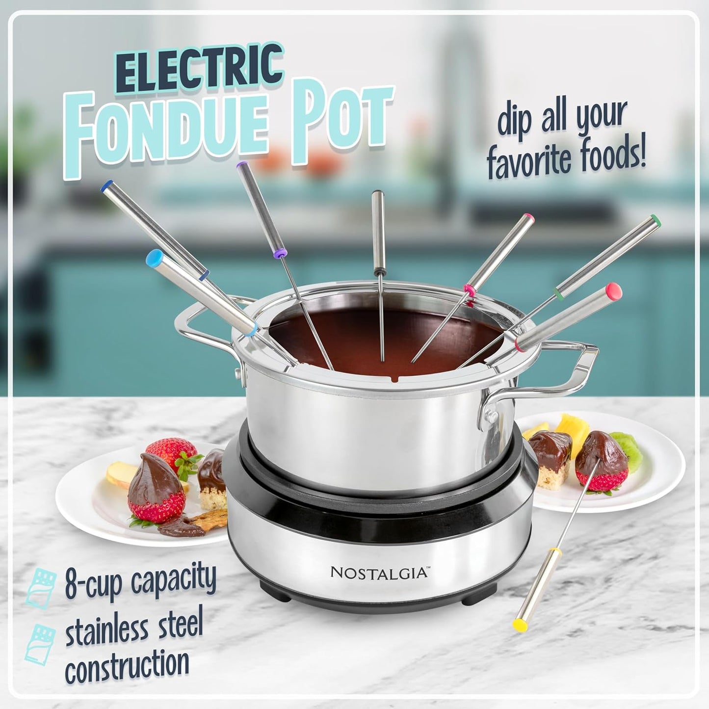 Nostalgia 8-Cup Electric Fondue Pot Set for Cheese & Chocolate - 8 Color-Coded Forks, Temperature Control - Kitchen Gadgets and Appliances for Hors d'Oeuvres and More - Stainless Steel
