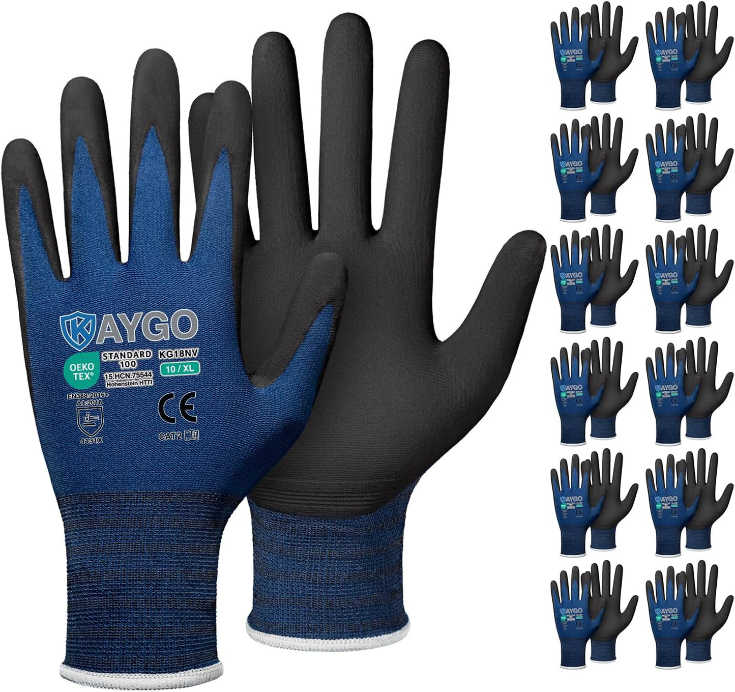 KAYGO Safety Work Gloves MicroFoam Nitrile Coated-12 Pairs, KG18NB,Seamless Knit Nylon Glove with Black Micro-Foam Nitrile Grip,Ideal for General Purpose,Automotive,Home Improvement, Dark Blue, XL