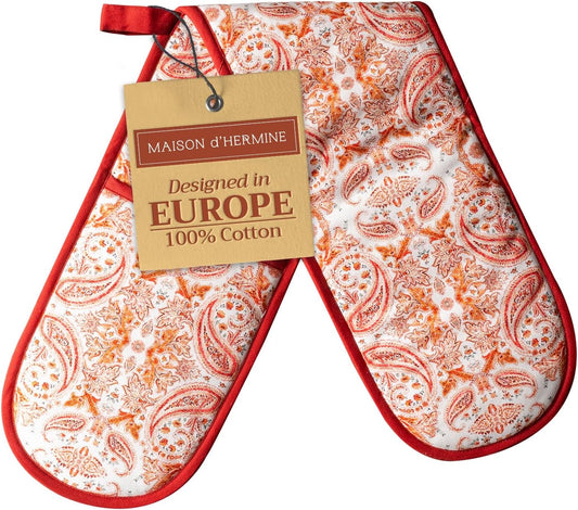 Maison d' Hermine Double Oven Mitts 100% Cotton 7"x35" Double Oven Mitt Heat Resistant BBQ Cooking Gloves with Loop, Baking, Grilling, Home, Kitchen, Handling Hot Pans (Orient)