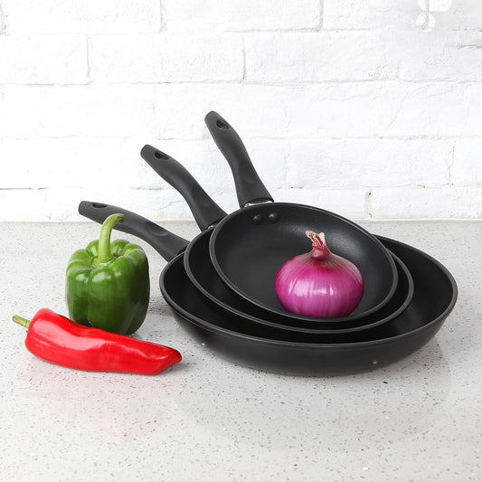3-Piece Non-Stick Aluminum Skillet Set - Black, Includes 7", 9", and 11" Sizes for Versatile Cooking, Durable and Easy to Clean, User-Friendly Design.