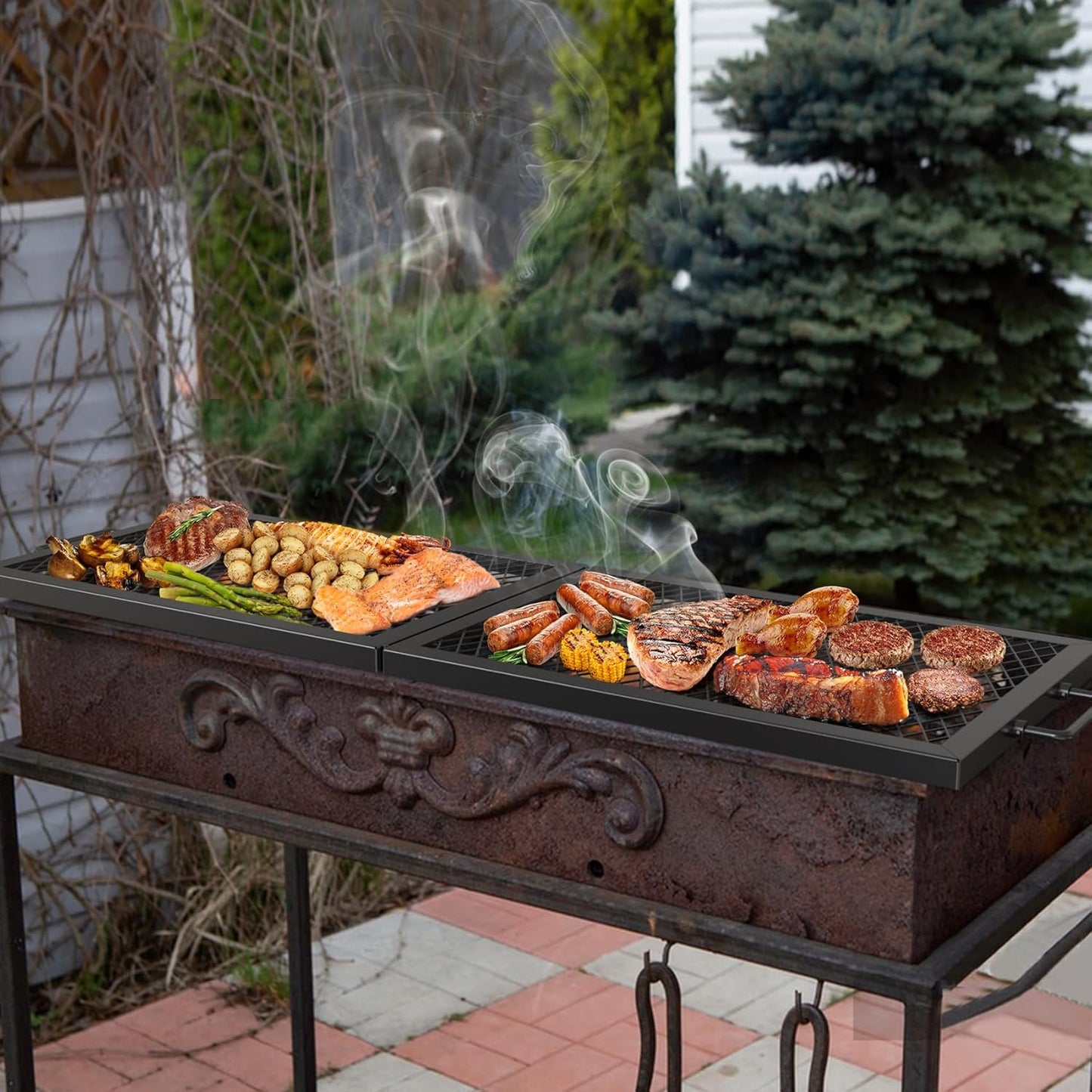 Onlyfire Foldable X-Marks Fire Pit Cooking Grate, Portable Rectangle Campfire Grill Grate with Handles, Heavy Duty Steel Campfire BBQ Grill for Outdoor, 44 inch